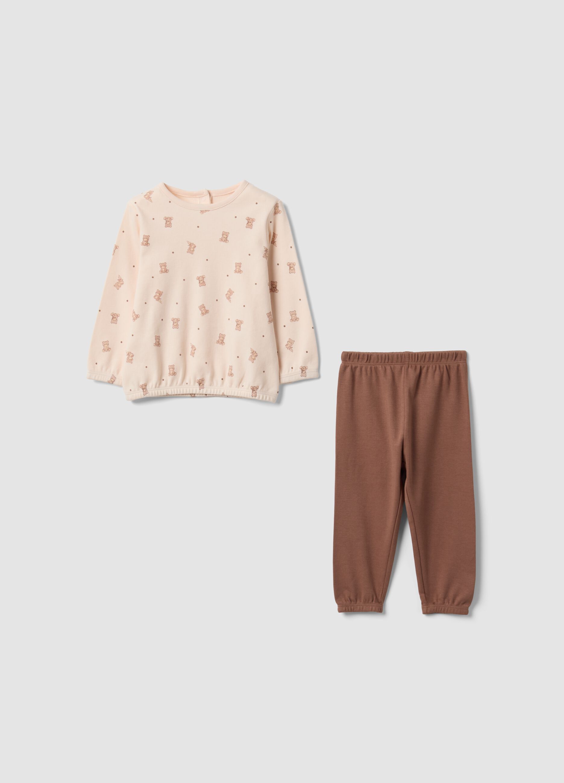 Pink and brown pure organic cotton crew-neck pyjamas for baby girl