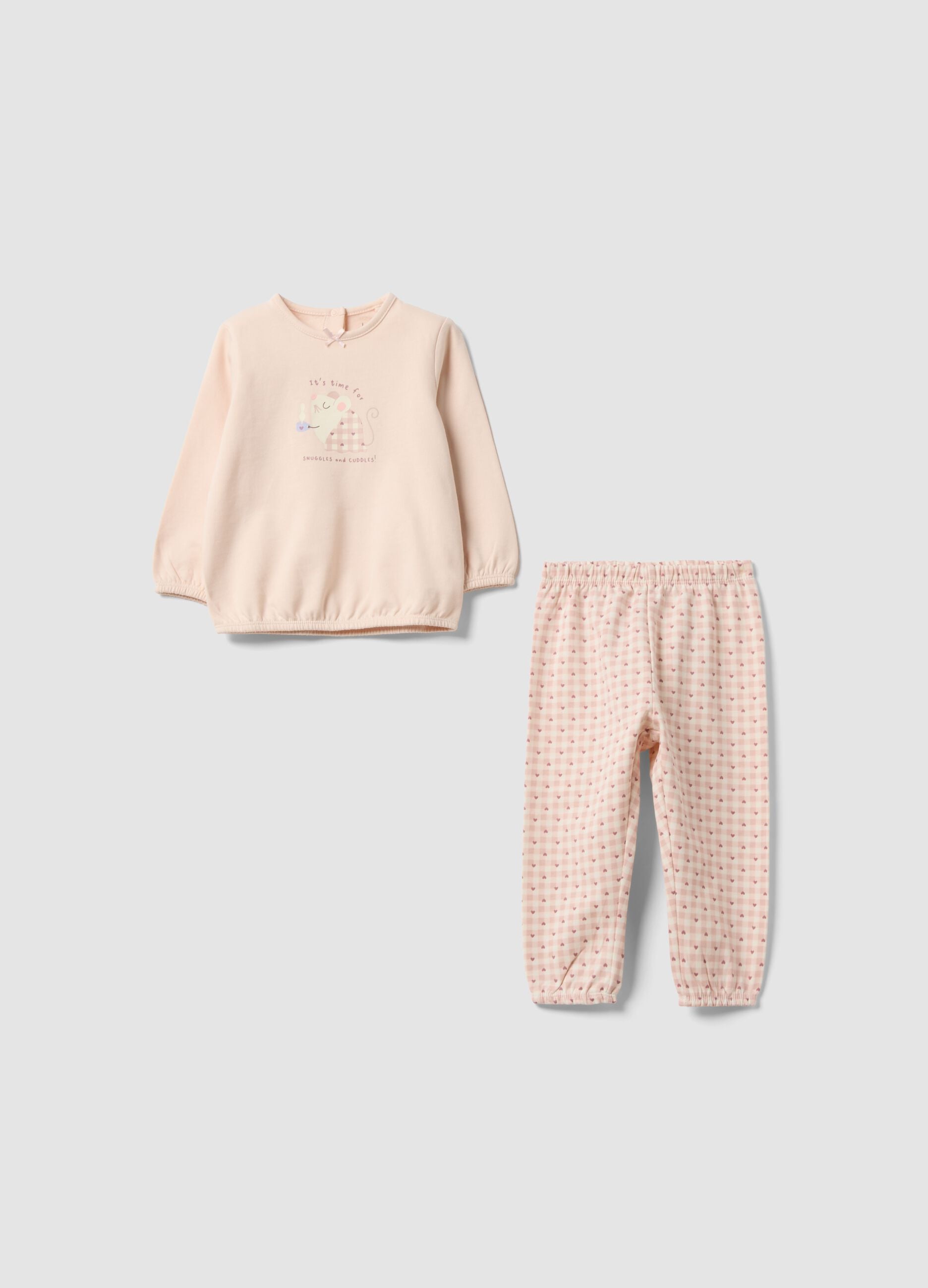 Pink organic cotton crew-neck pyjamas with print for baby girl