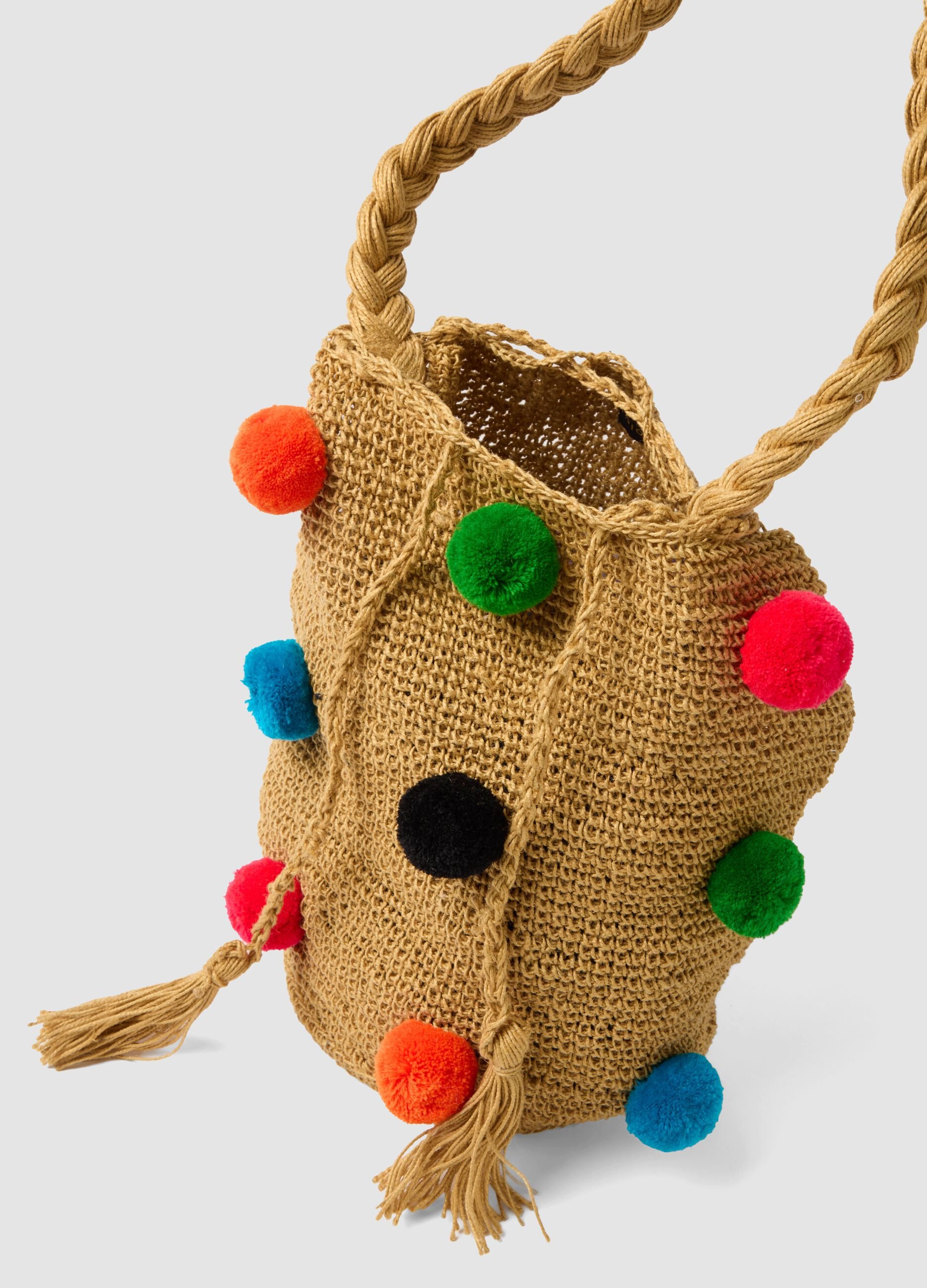 Brown pure jute beach bag with pom‑poms