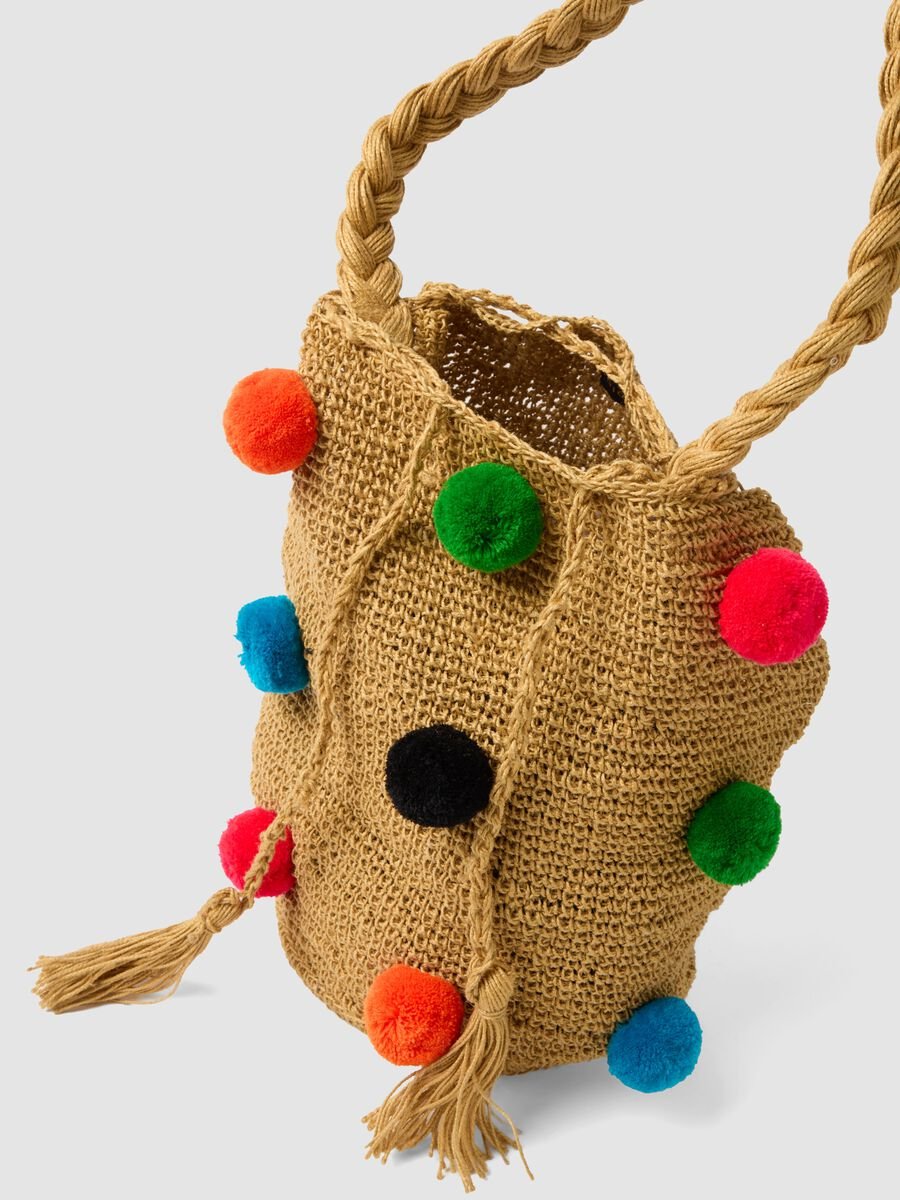 Brown pure jute beach bag with pom‑poms_3
