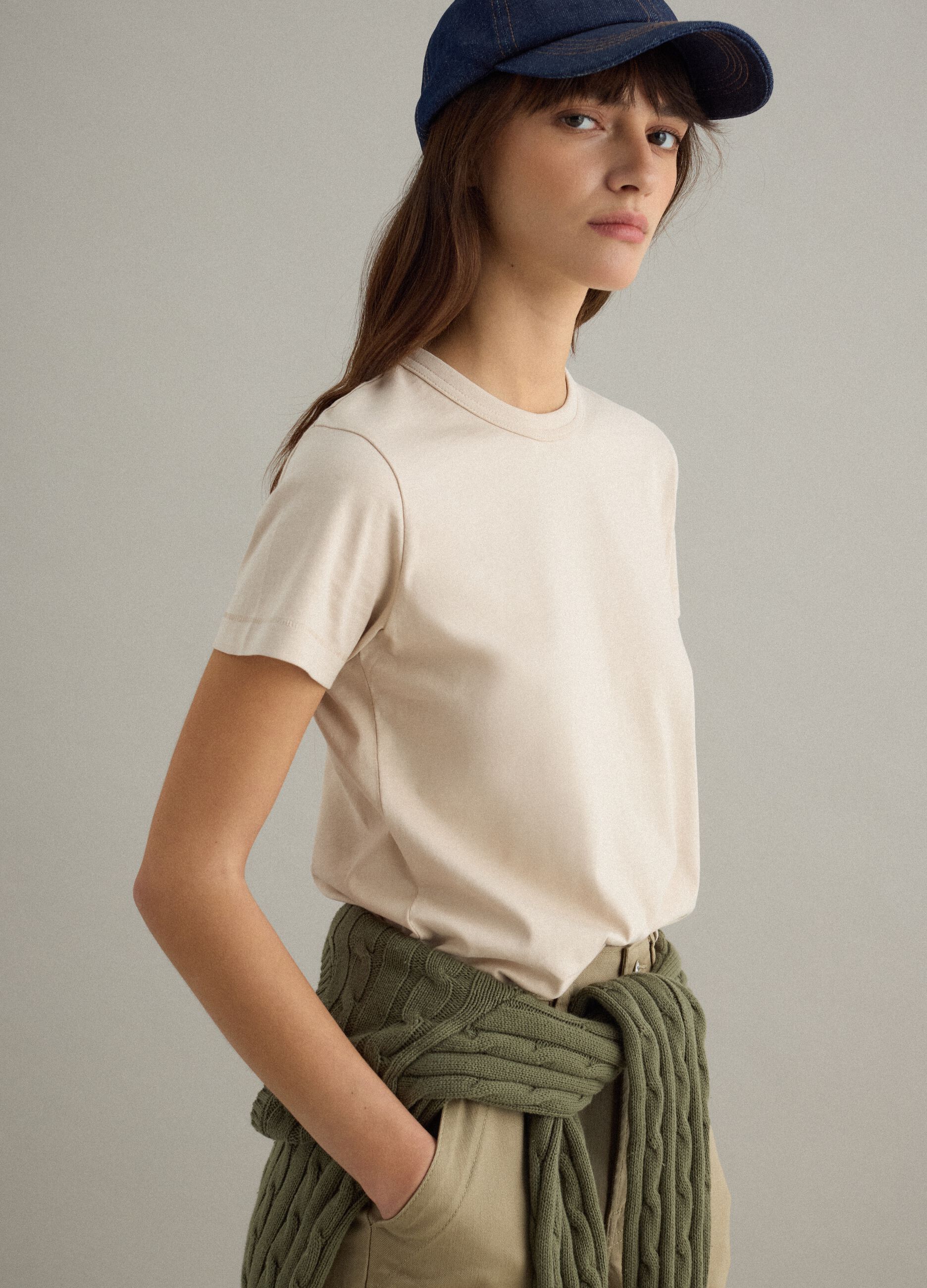Beige pure cotton crew-neck T-shirt, regular fit
