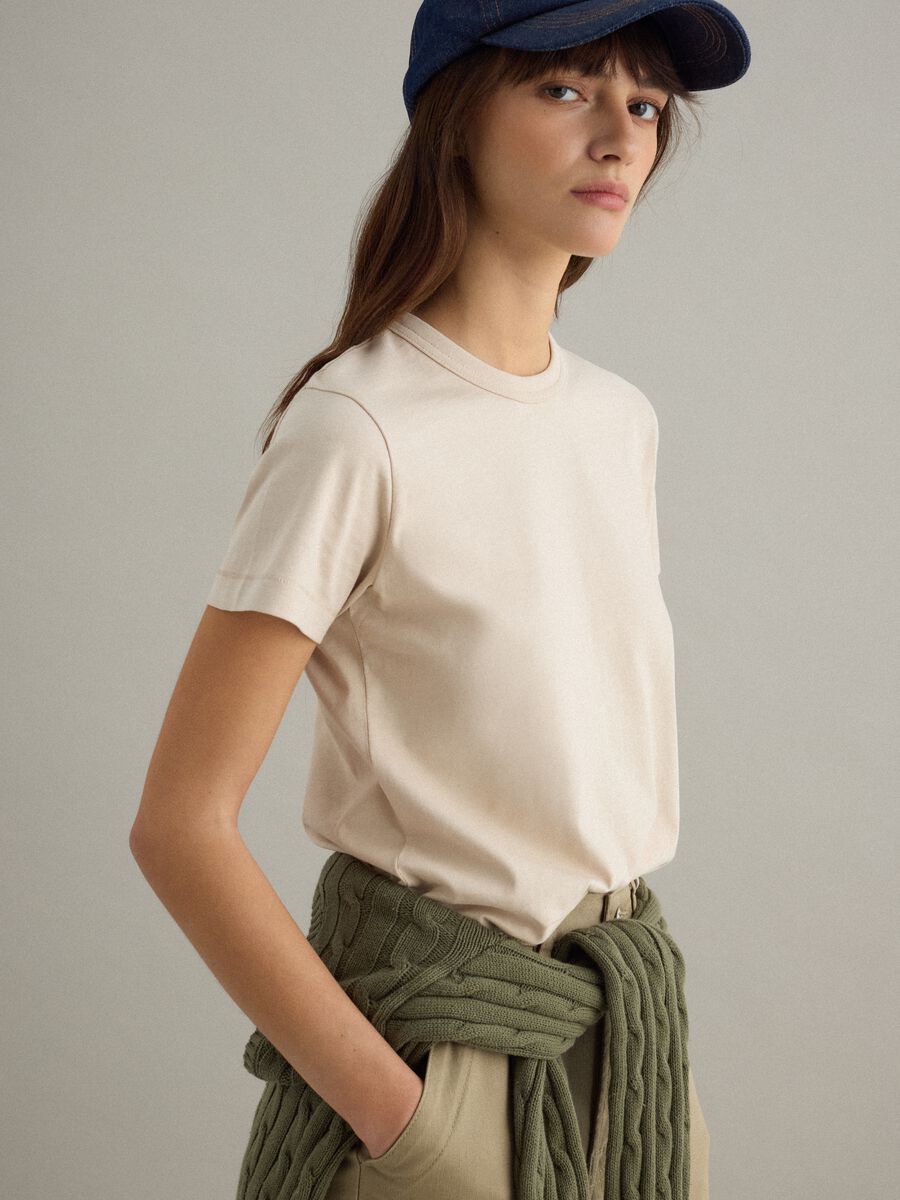 T-shirt girocollo in puro cotone beige regular fit_0