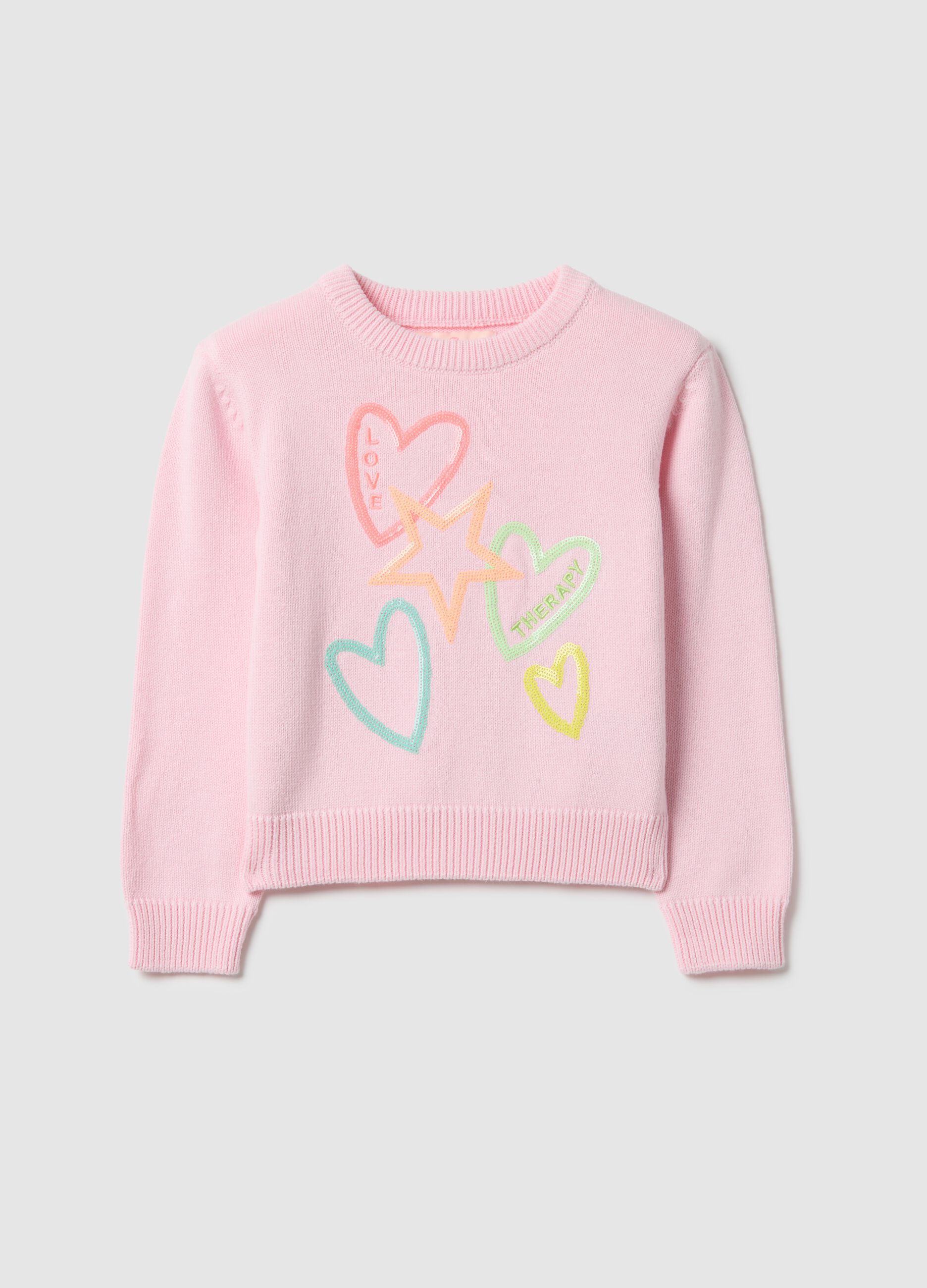 Girls' pink pure cotton sweater with hearts and stars, regular fit