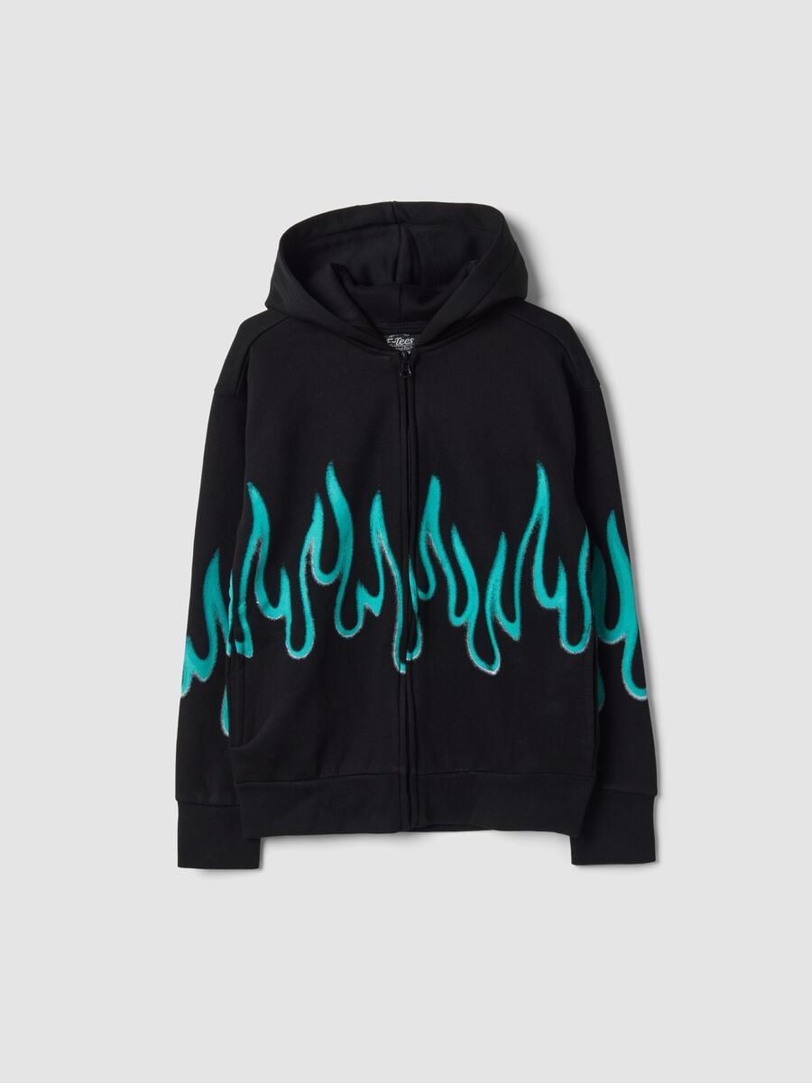 Black cotton-blend hoodie with flame print_0