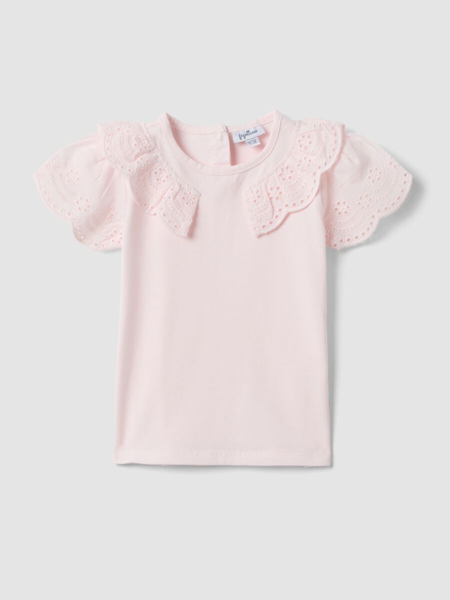 Pink short-sleeve stretch cotton T-shirt with broderie anglaise embroidery_0