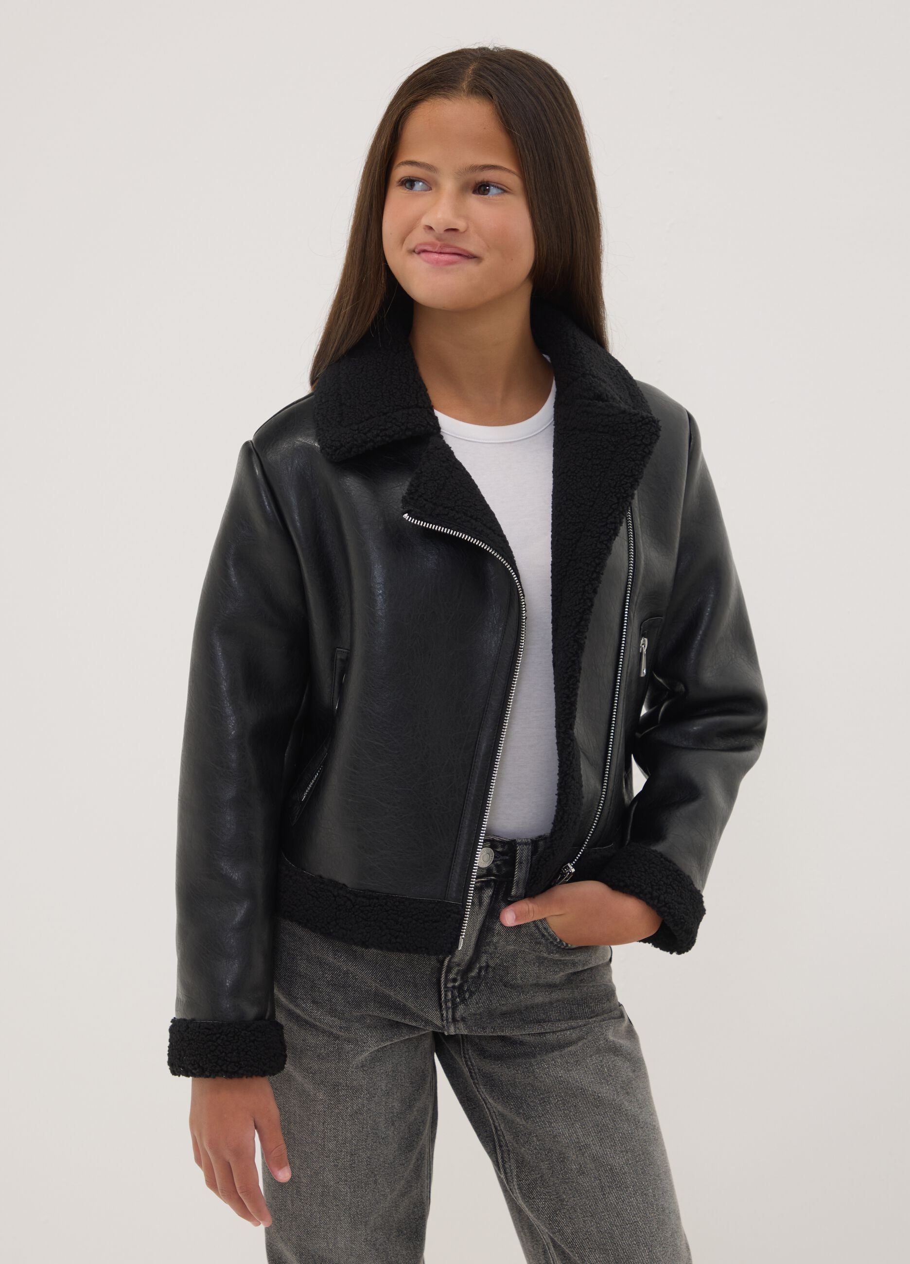 Black aviator-style jacket with diagonal zip