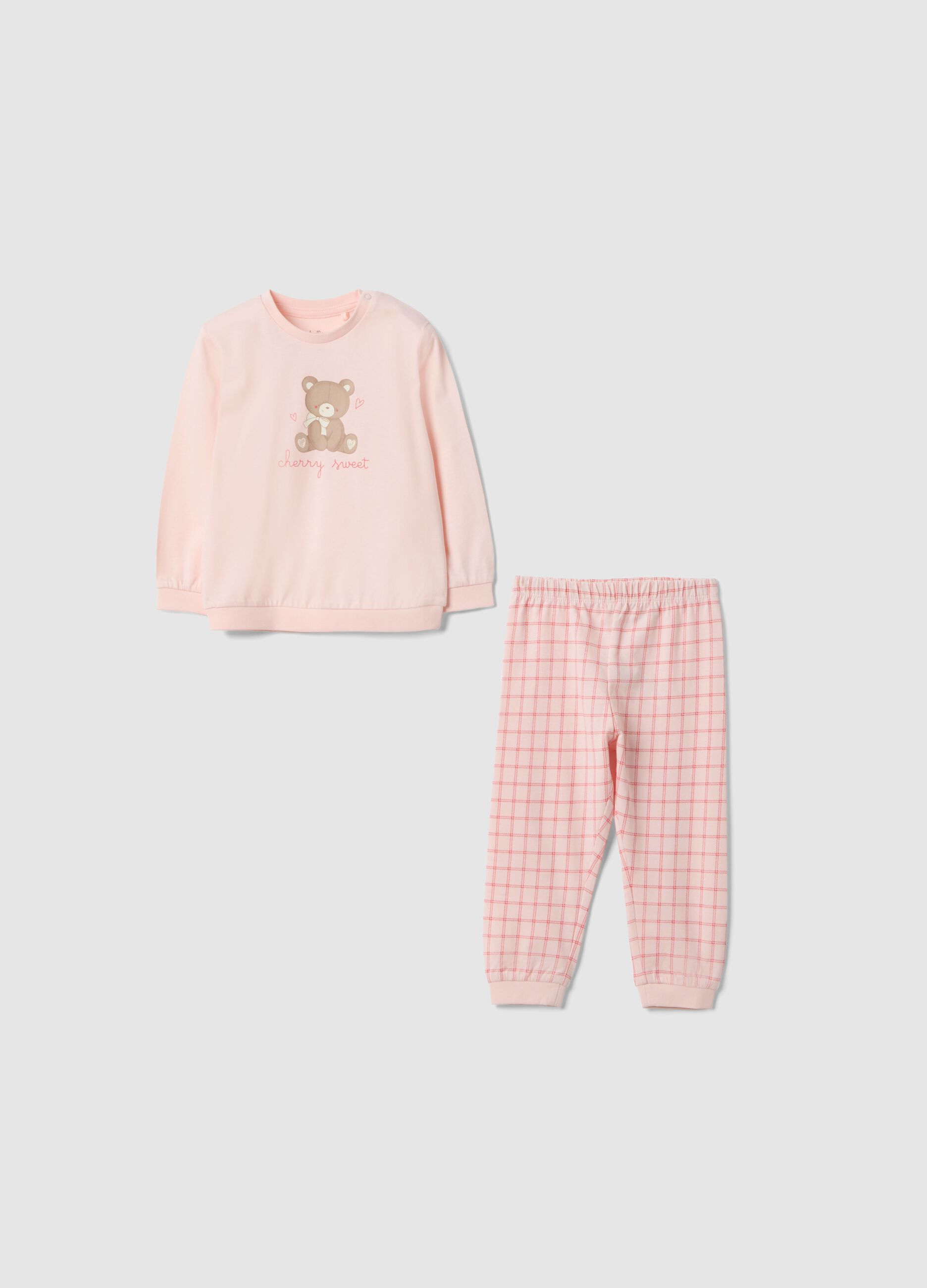 Baby girls&rsquo; pink pure cotton pyjamas with teddy bear print, regular fit