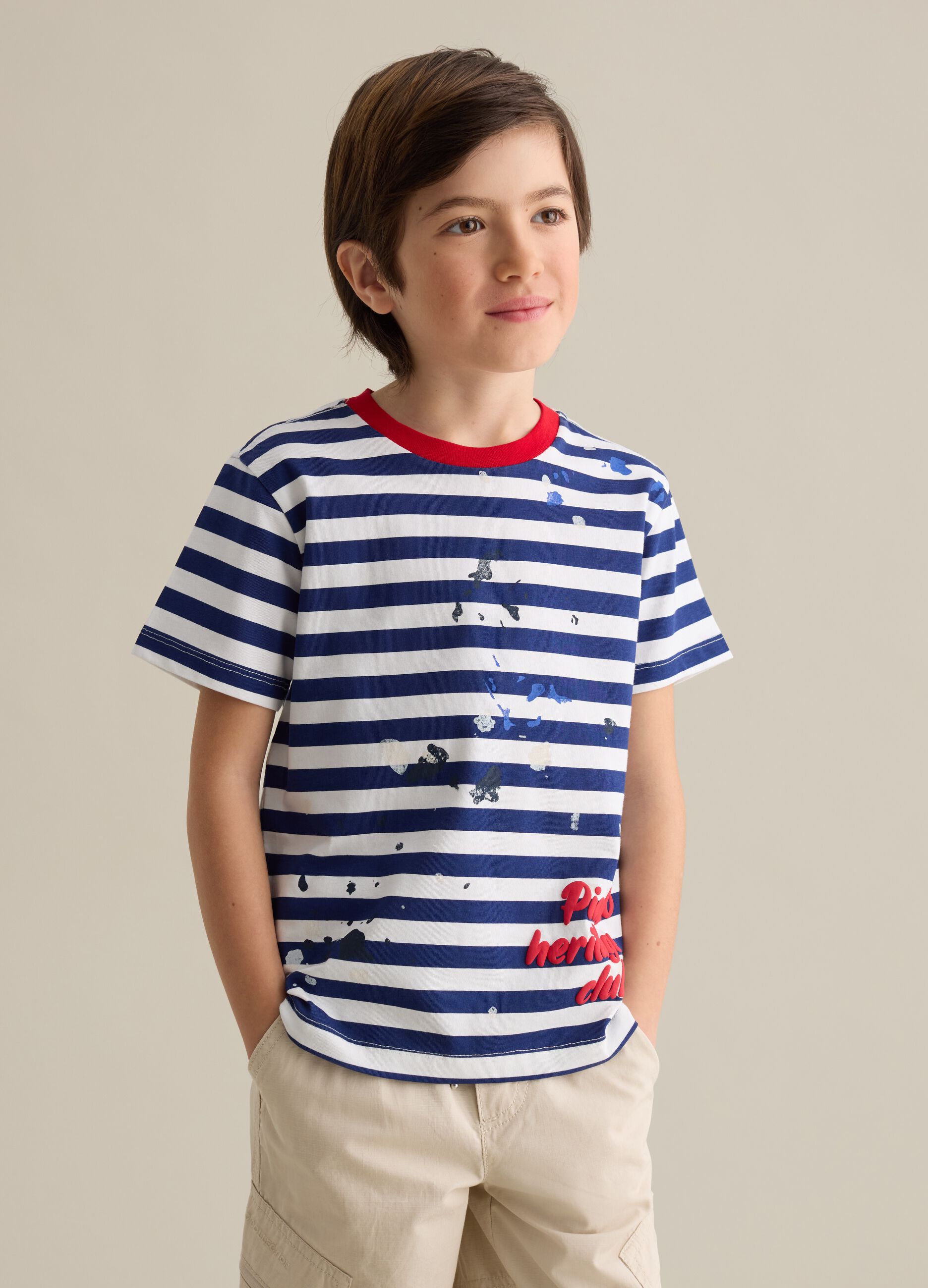 Striped cotton T-shirt with paint splatter print