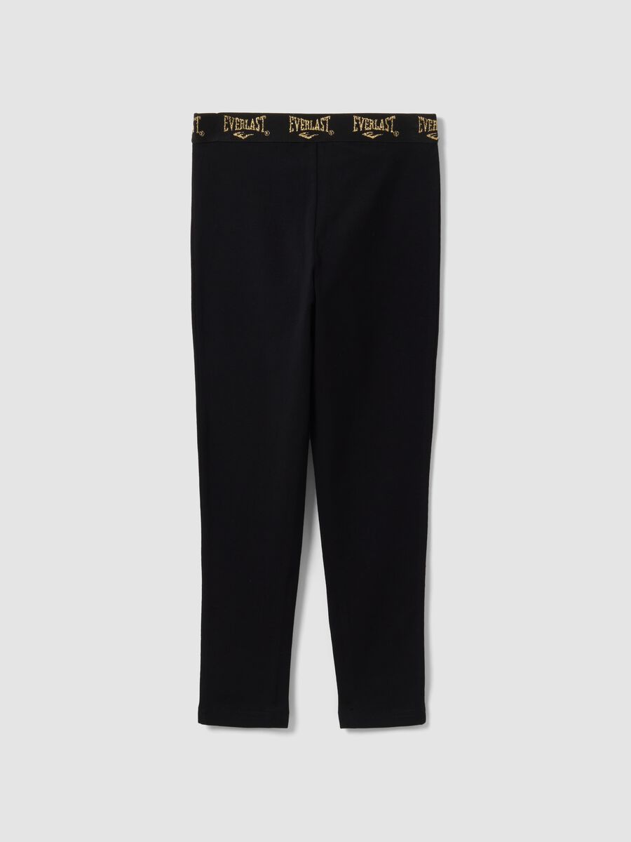 Black stretch cotton leggings with logo waistband for girls_1