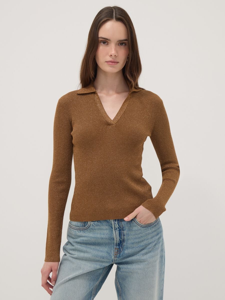 Brown ribbed viscose-blend polo-collar top_0