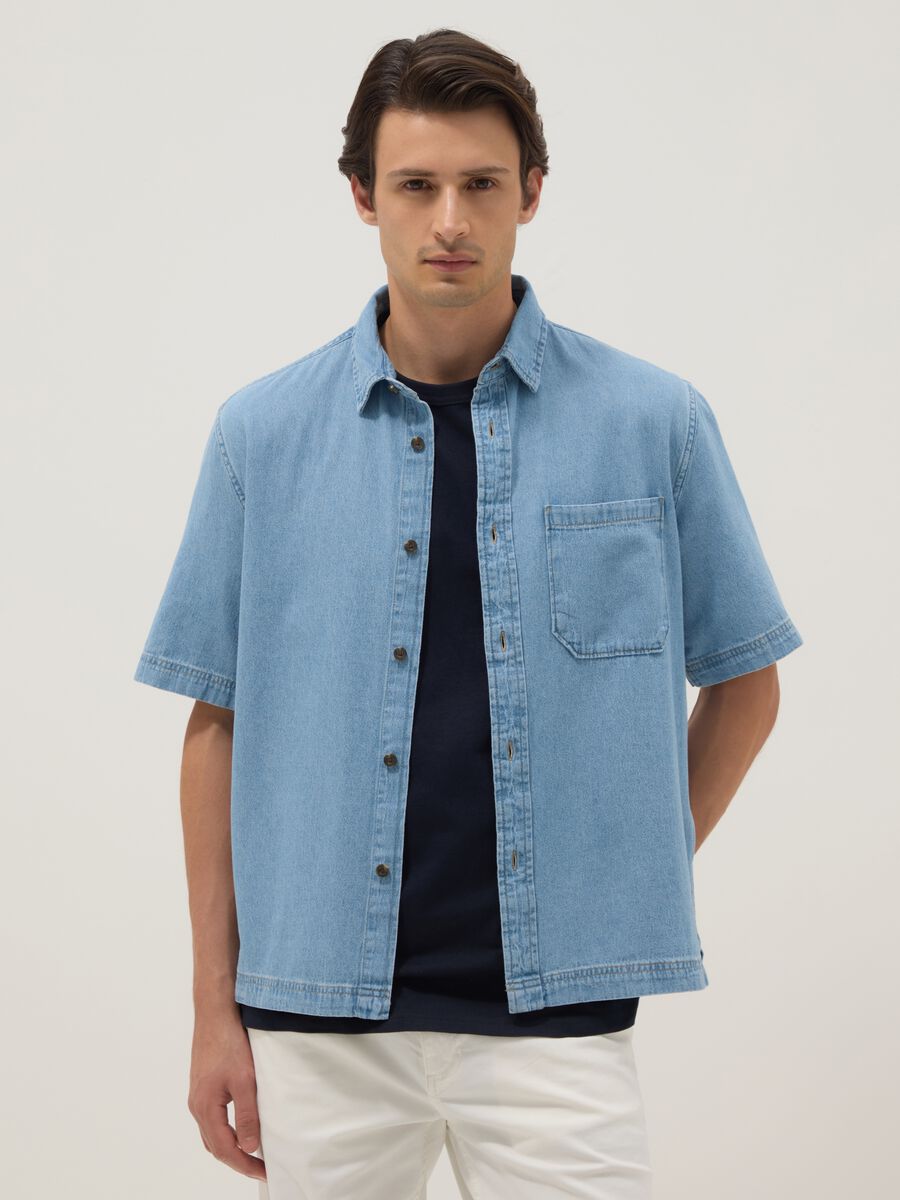 Camicia in puro cotone denim azzurro oversize fit_0