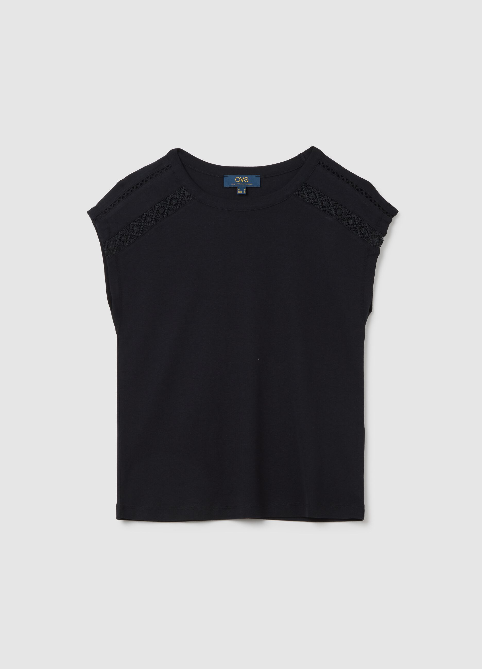 Black pure cotton women's t-shirt regular fit with lace