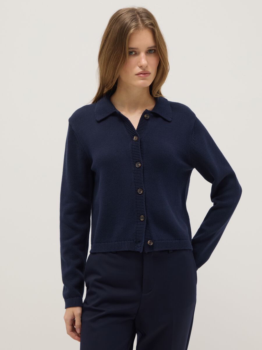 Blue cardigan with polo collar in pure cotton regular fit_0