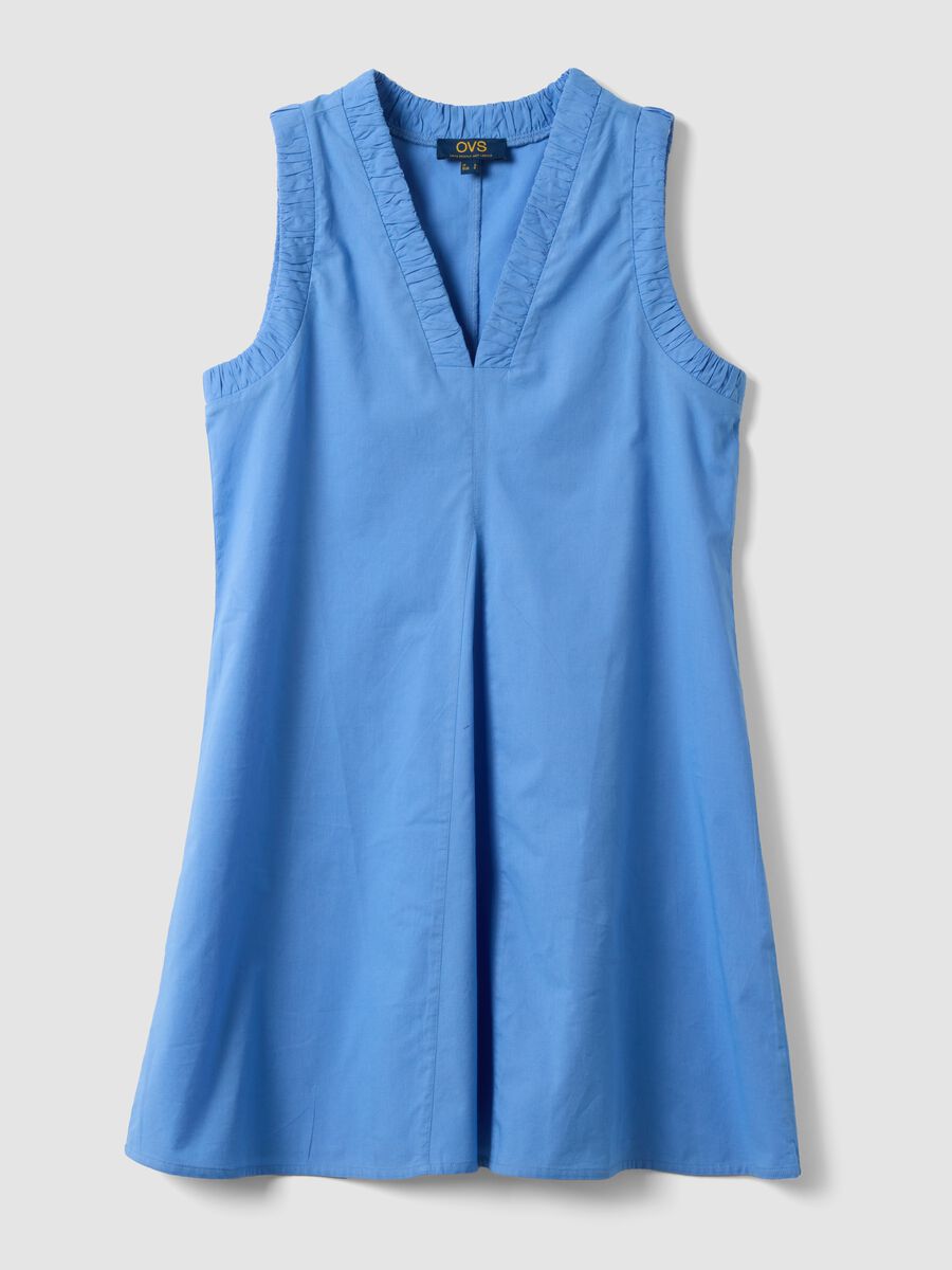 Abito mini azzurro in puro cotone regular con scollo a V arricciato_4