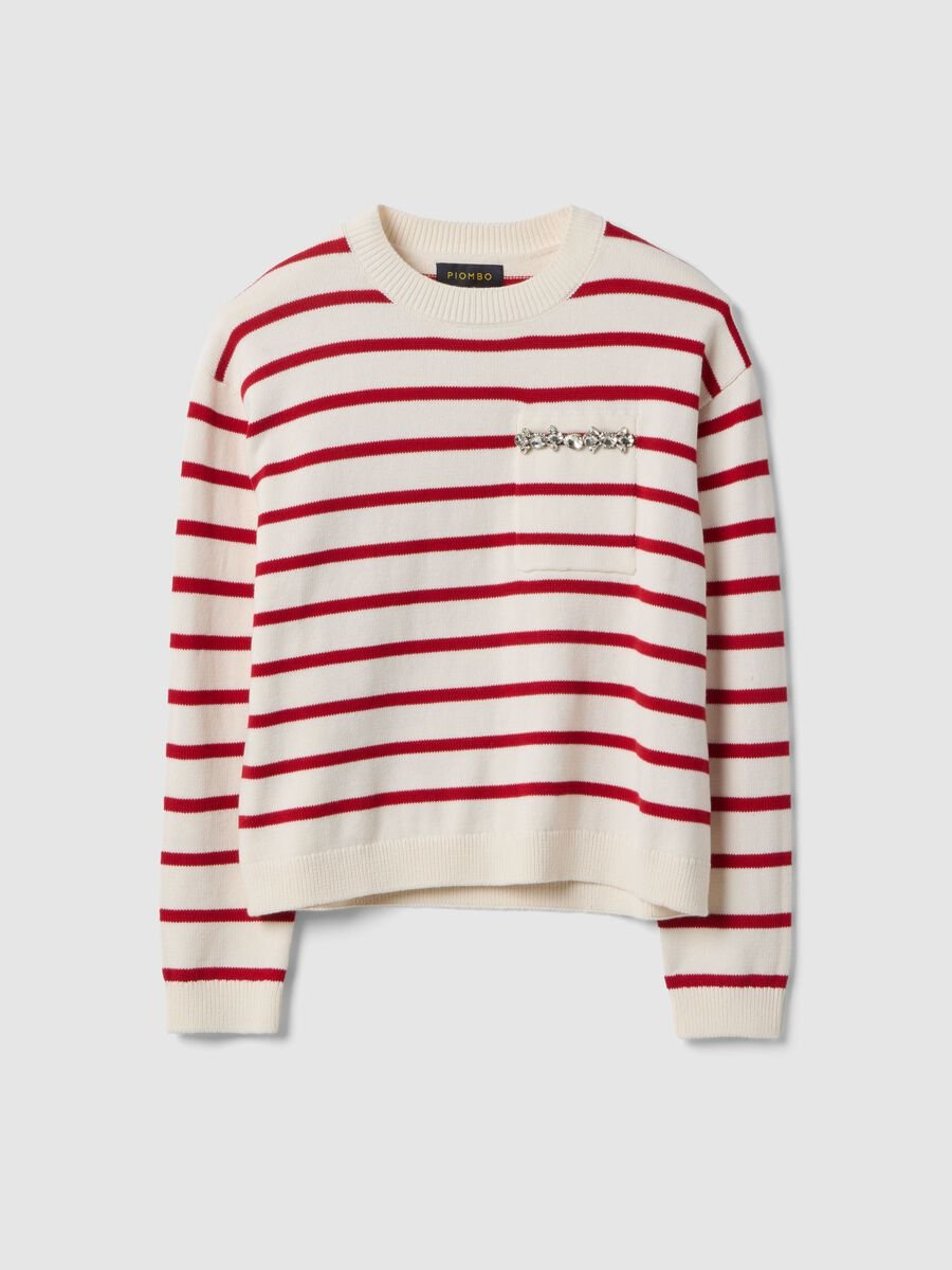 Maglione beige a righe rosse in puro cotone regular fit_0