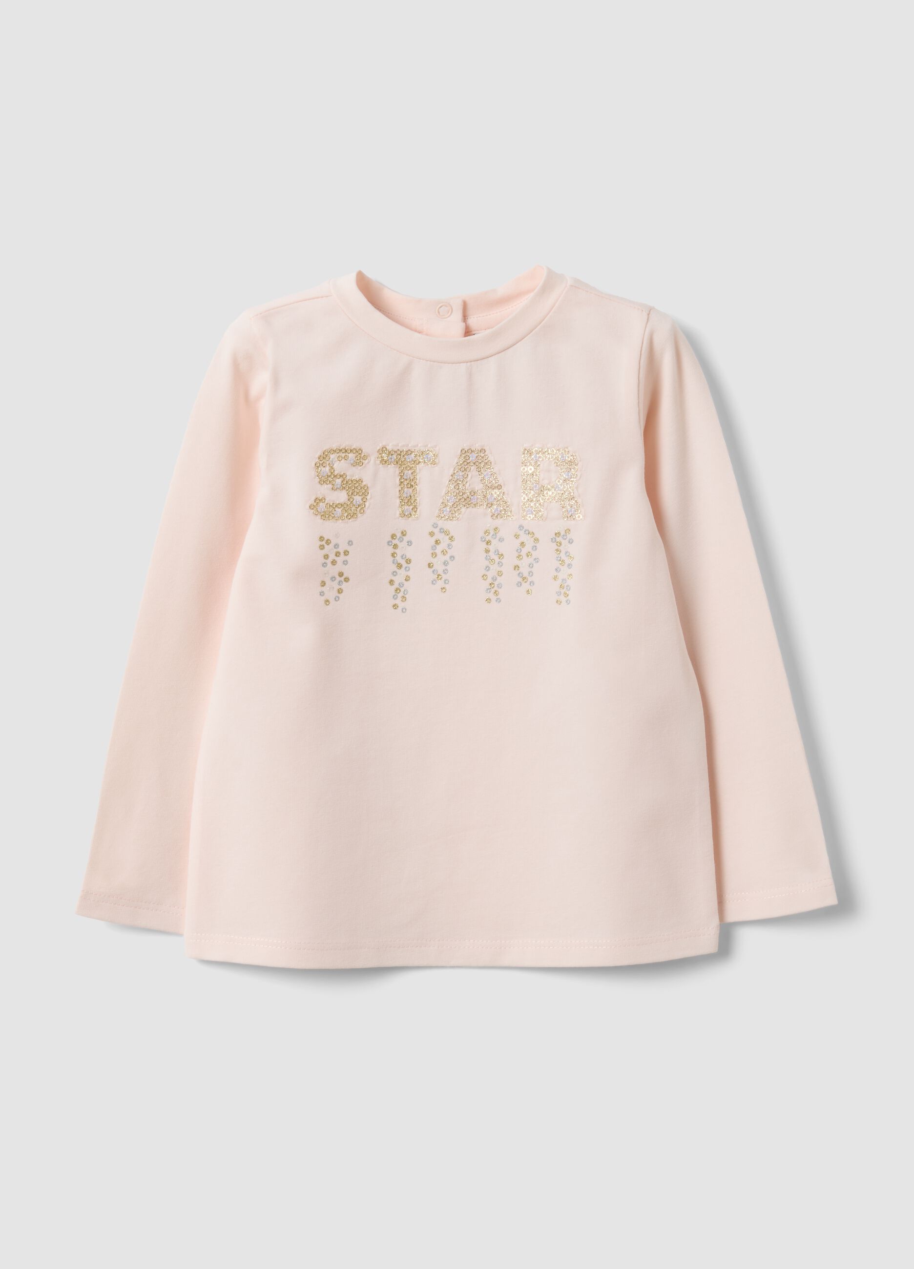 Orange organic cotton T-shirt with sequin slogan for baby girl