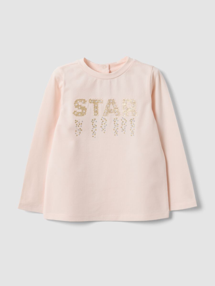 Orange organic cotton T-shirt with sequin slogan for baby girl_0