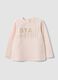 Orange organic cotton T-shirt with sequin slogan for baby girl_0