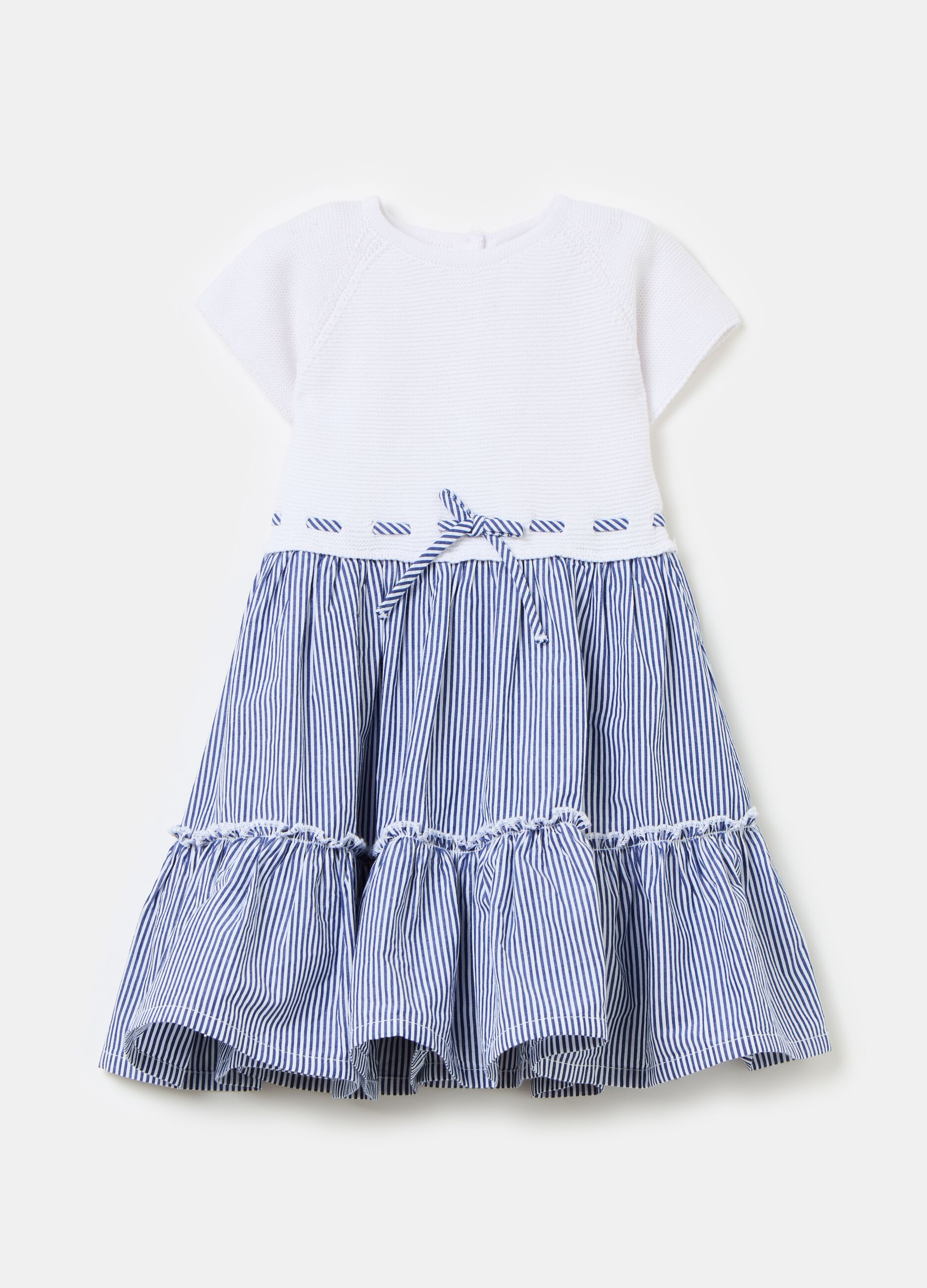 Two-part cotton dress with striped skirt