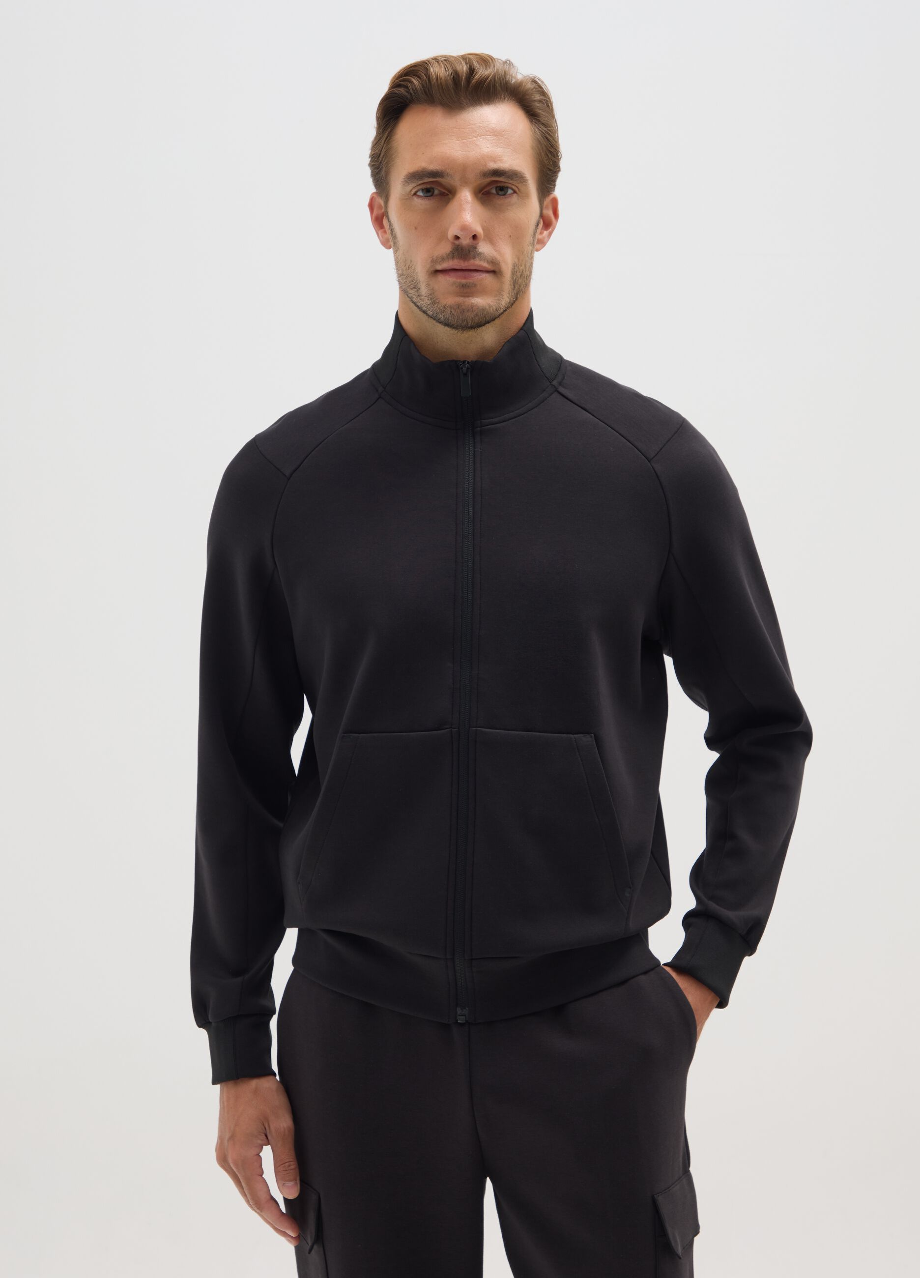 Black cotton-blend regular fit sweatshirt with zip