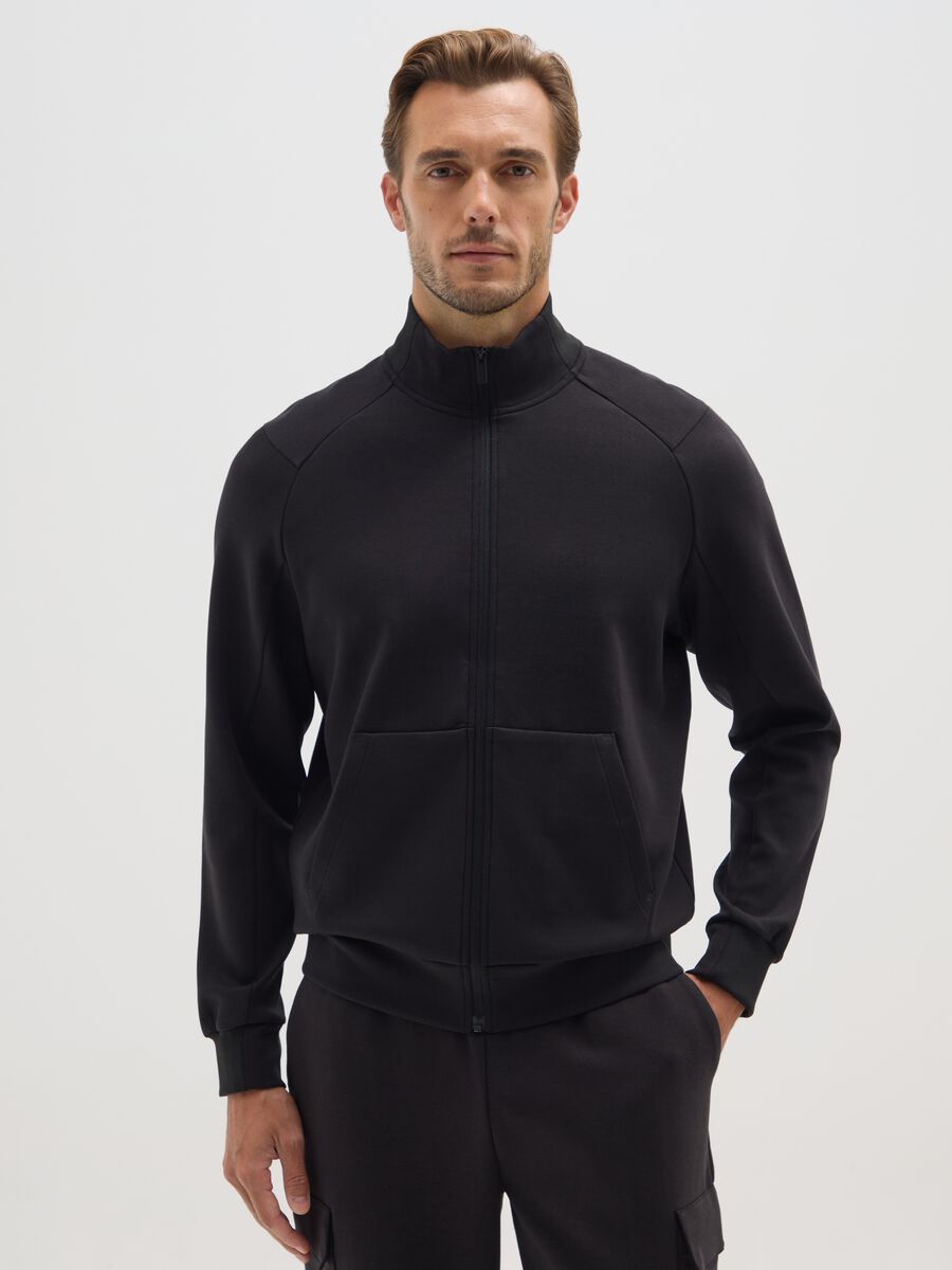 Black cotton-blend regular fit sweatshirt with zip_0