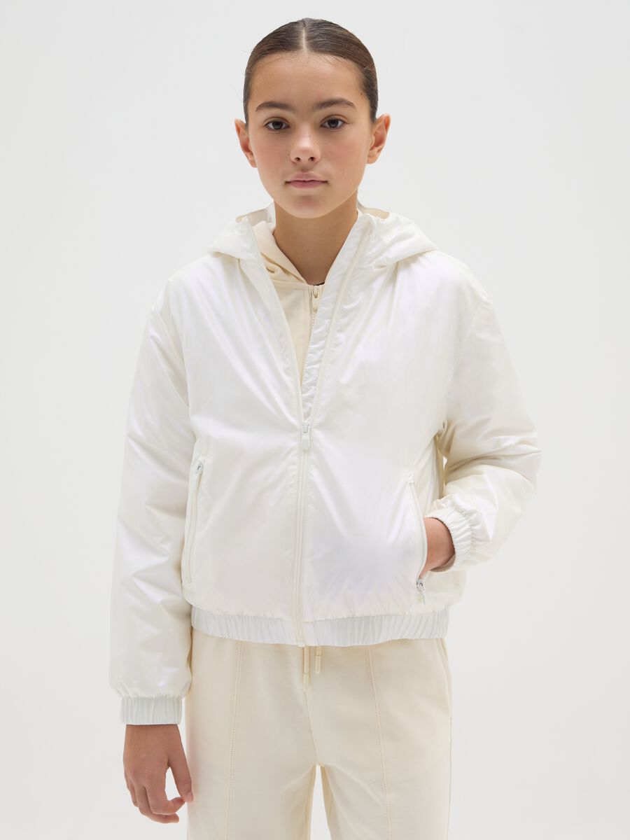 Girls' white regular fit jacket with hood_0