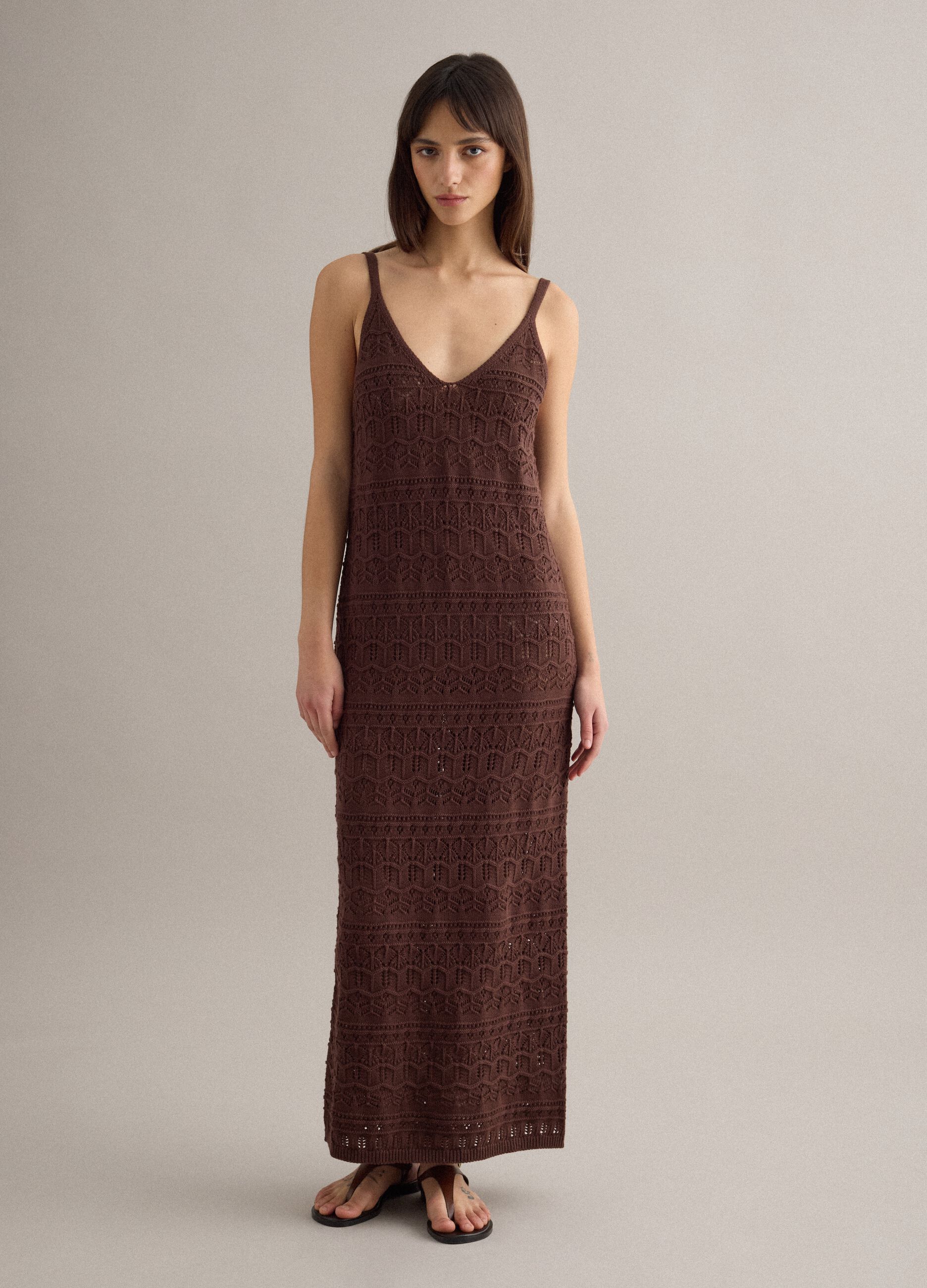 Brown pure cotton long dress slim fit with net texture