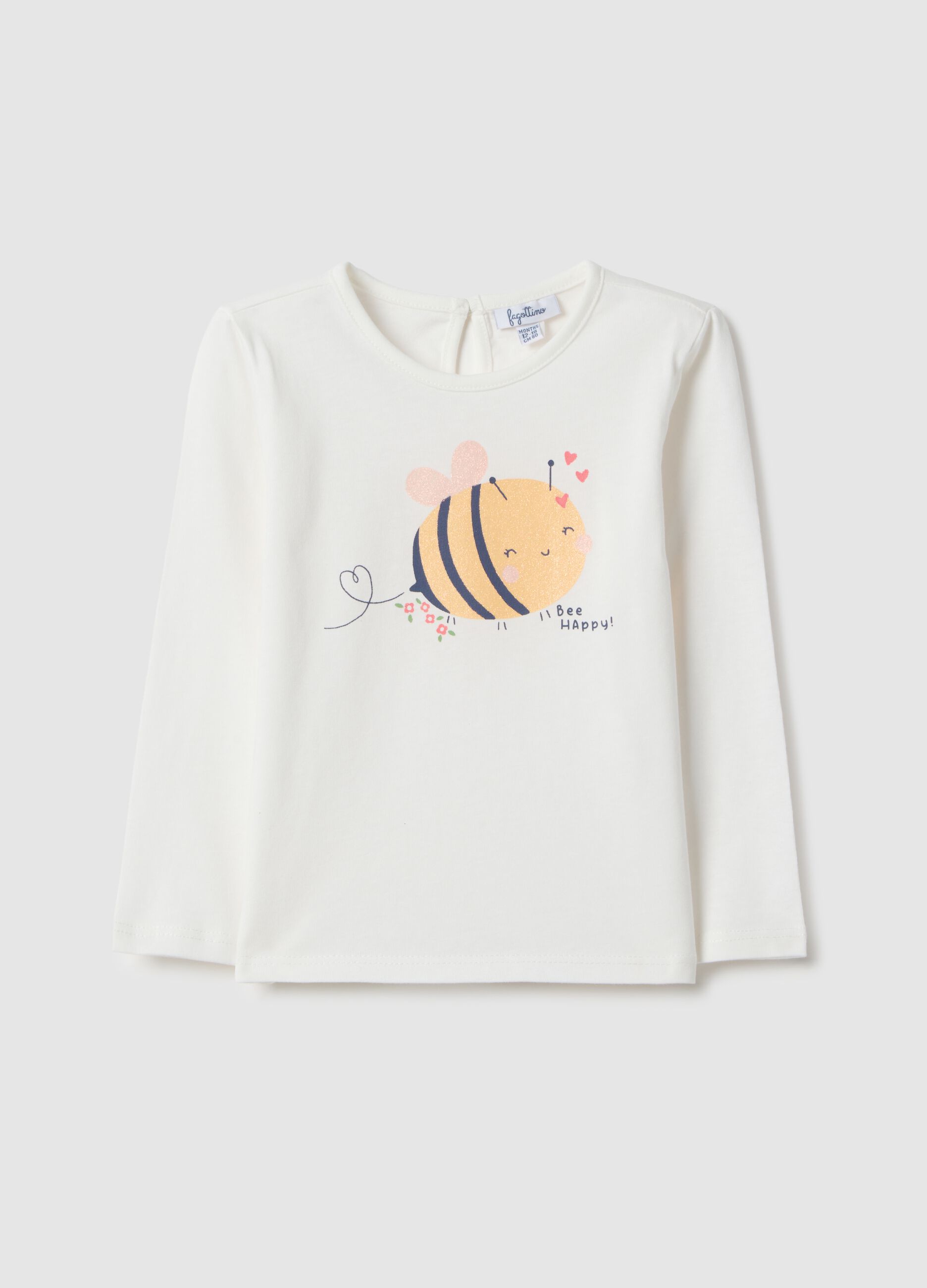 Girls' white long sleeve pure cotton t-shirt with bee
