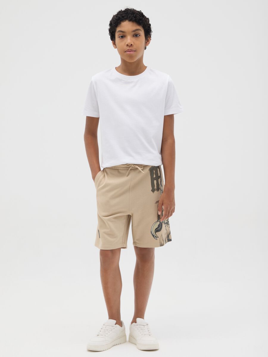 Bermuda in cotone con coulisse e stampa beige_0
