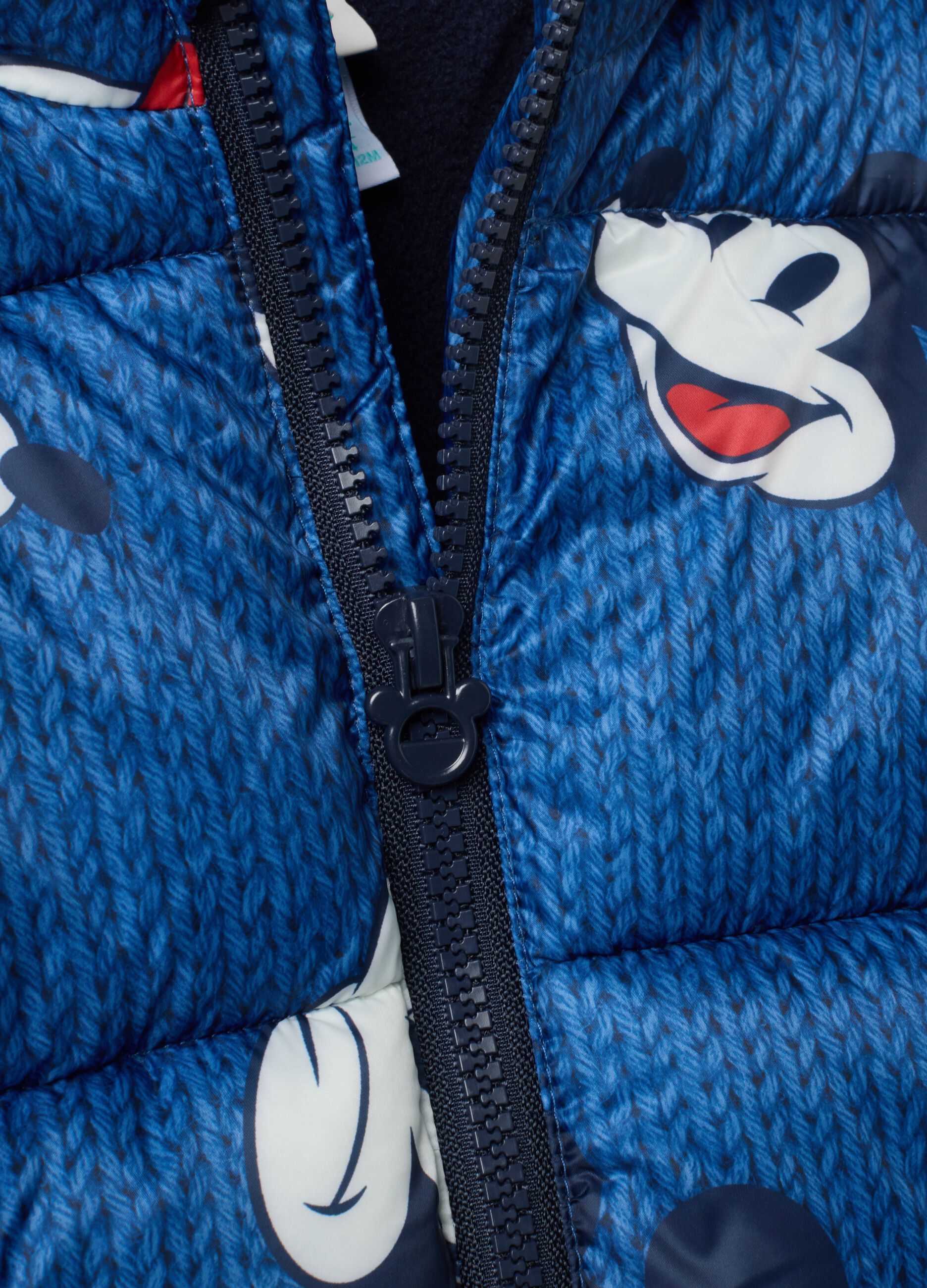 Blue hooded padded jacket with Mickey & Friends print