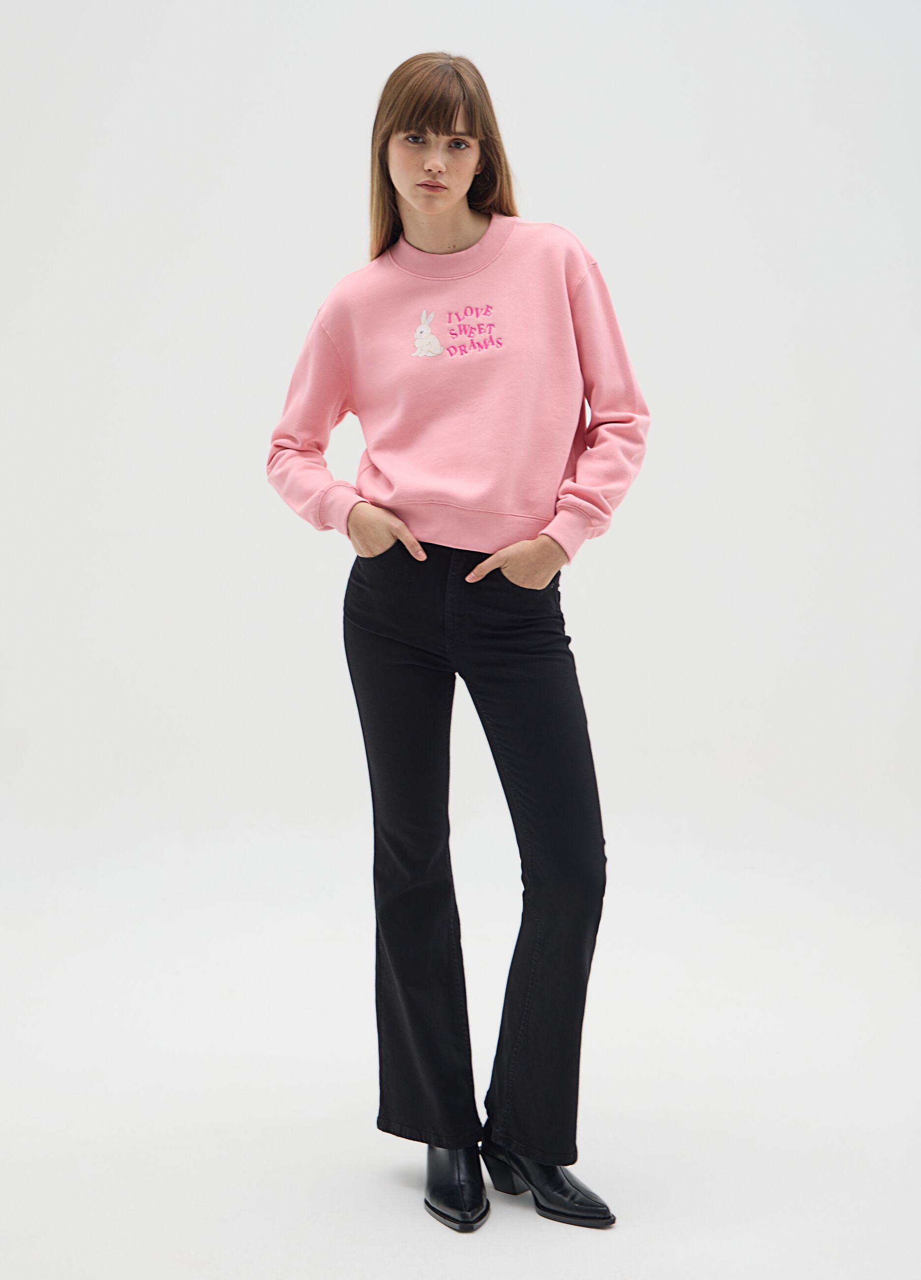 Pink cotton blend sweatshirt regular fit with embroidery and crew neck