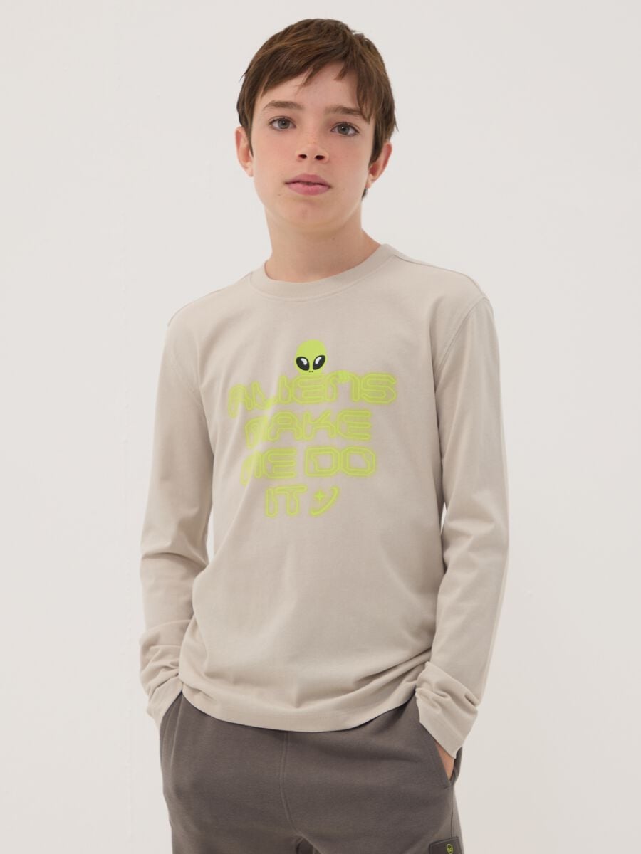T-shirt grigia in puro cotone organico con stampa per ragazzo_0