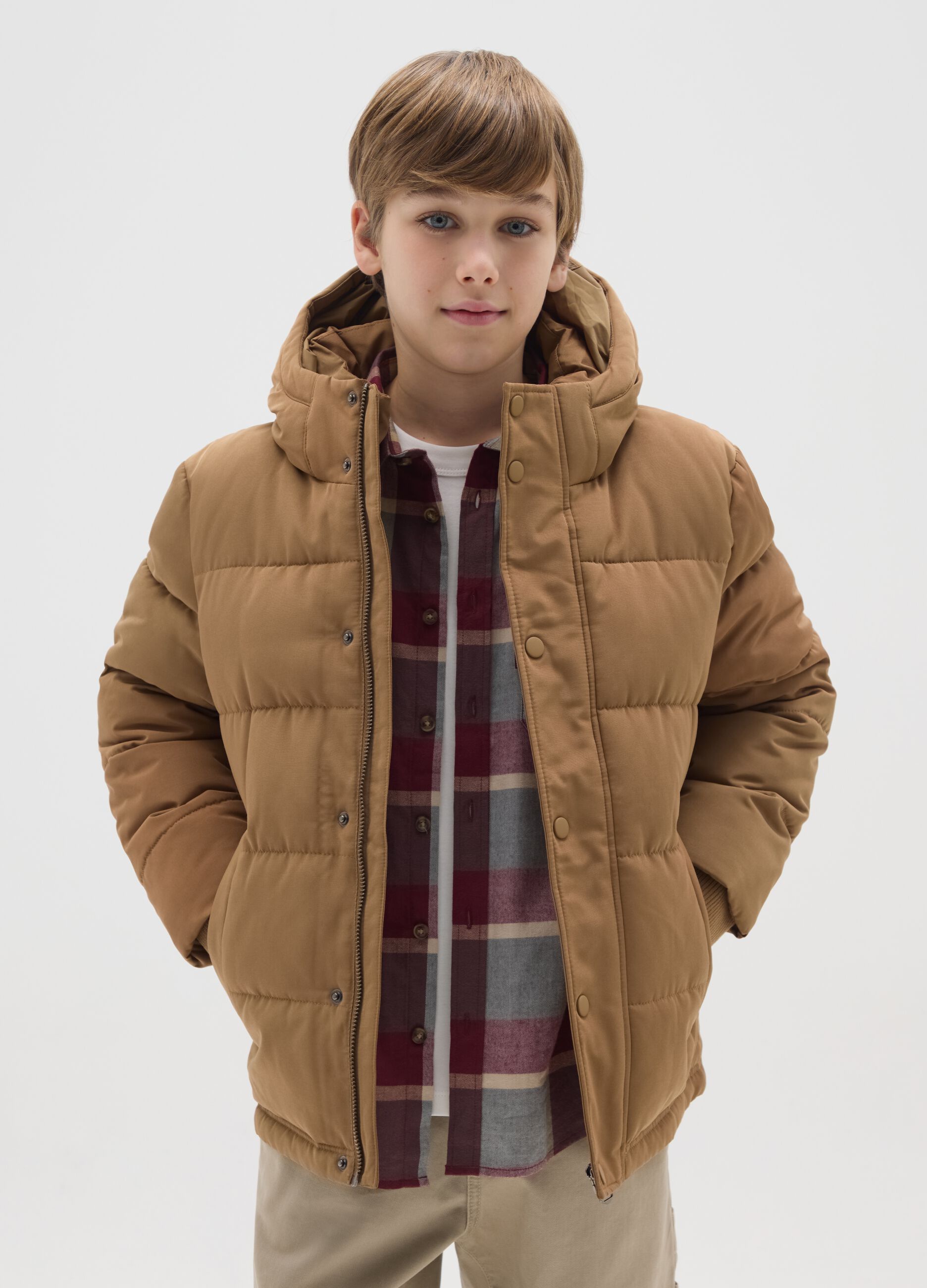Boy's padded jacket in brown fabric, regular fit