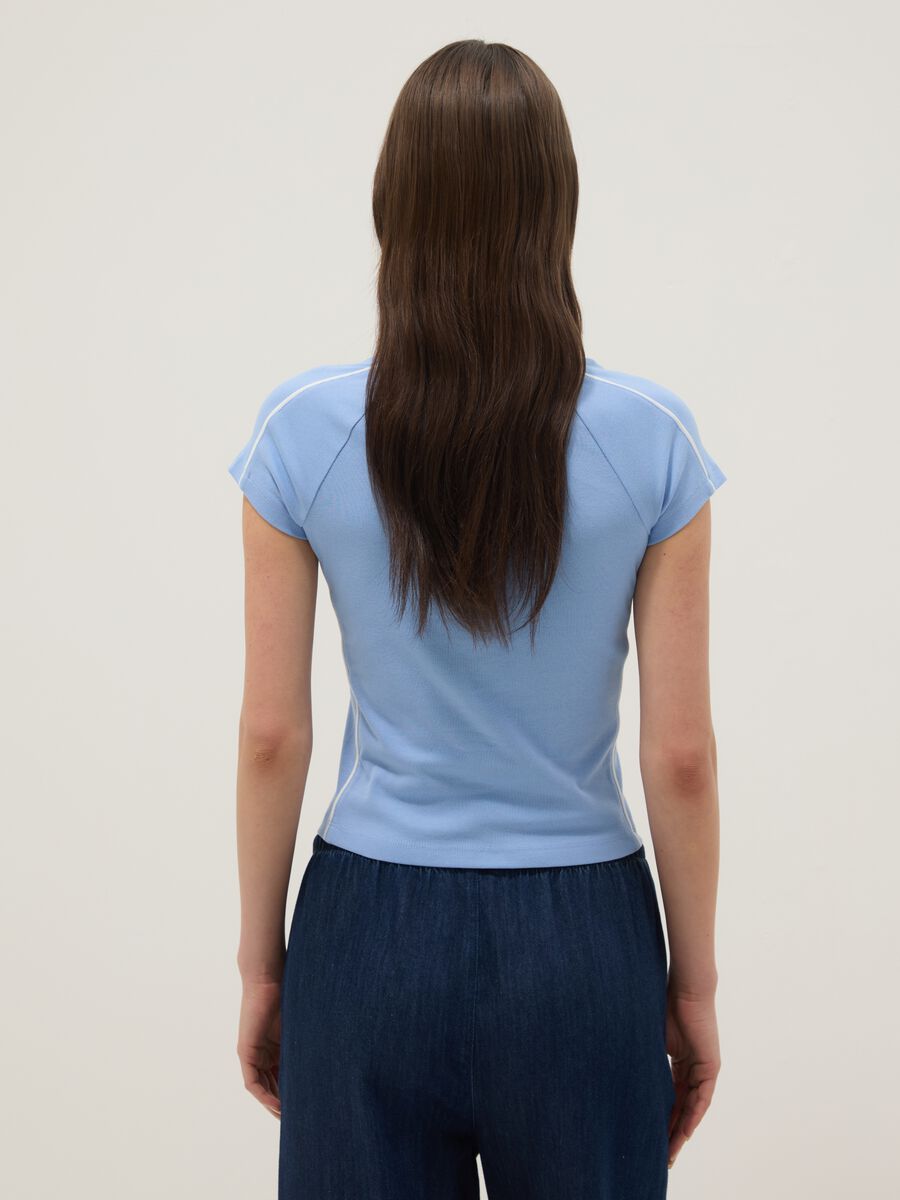 Blue pure cotton slim fit V-neck T-shirt with print_3