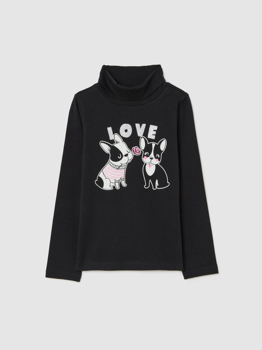 Girl's black cotton regular fit t-shirt with print_0