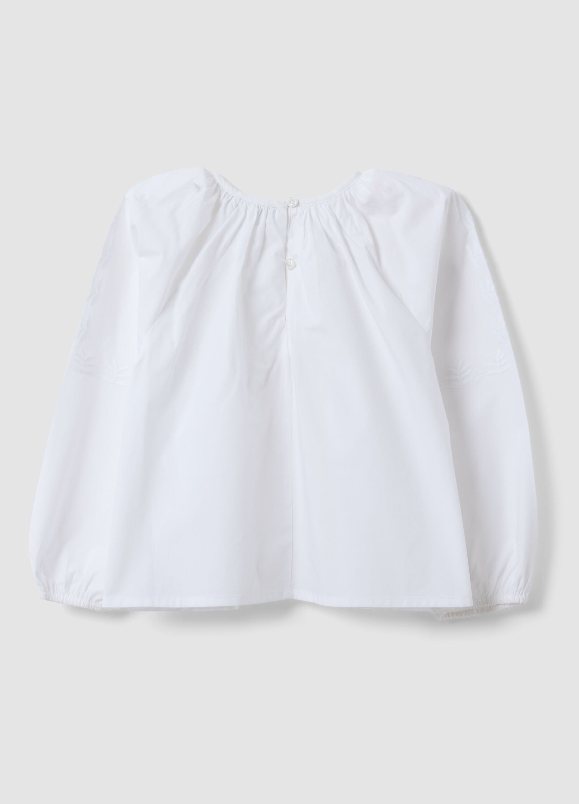 White pure cotton blouse with embroidery and gathered neckline for girls