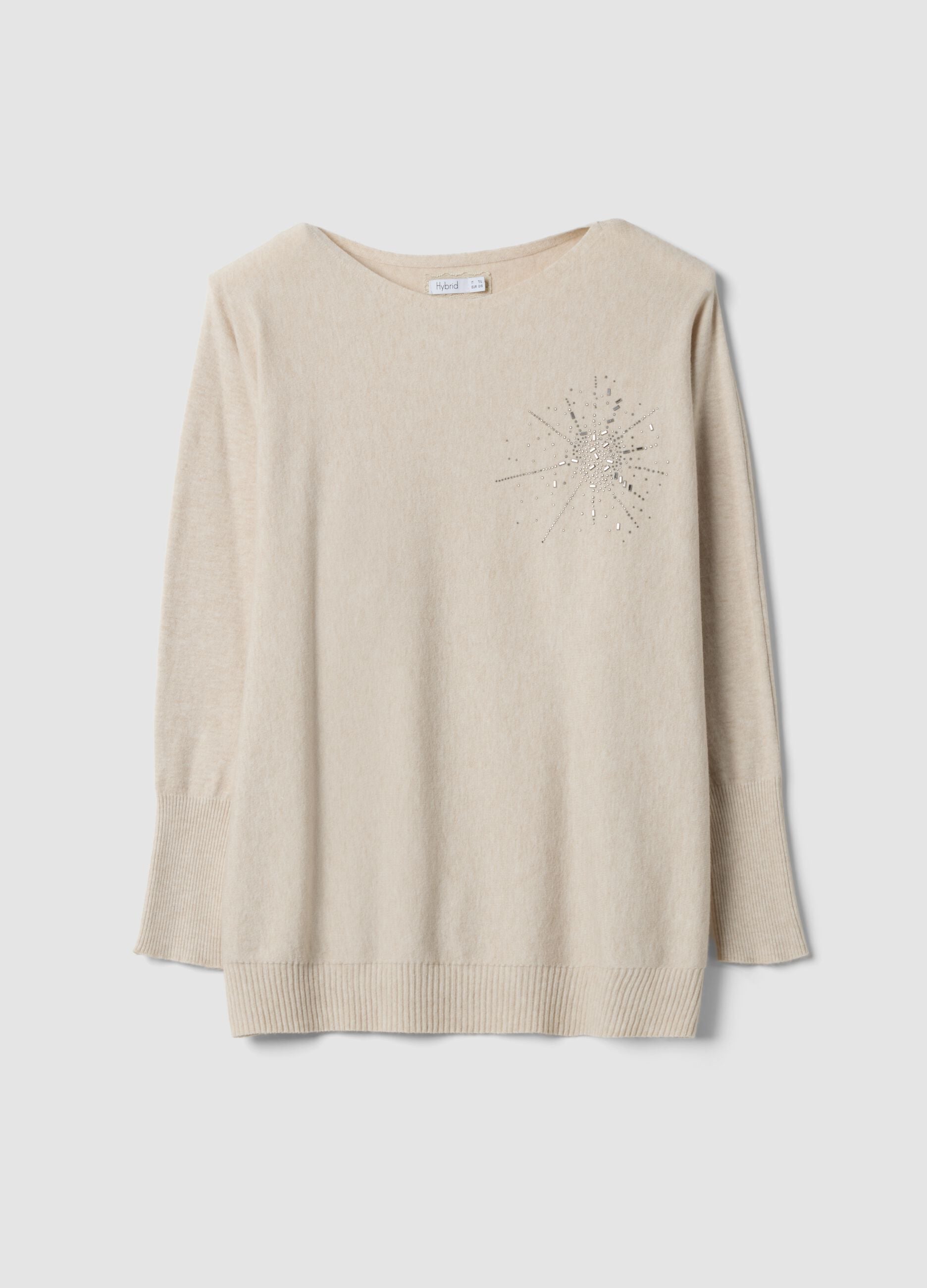 Beige viscose-blend jumper with rhinestones, regular fit