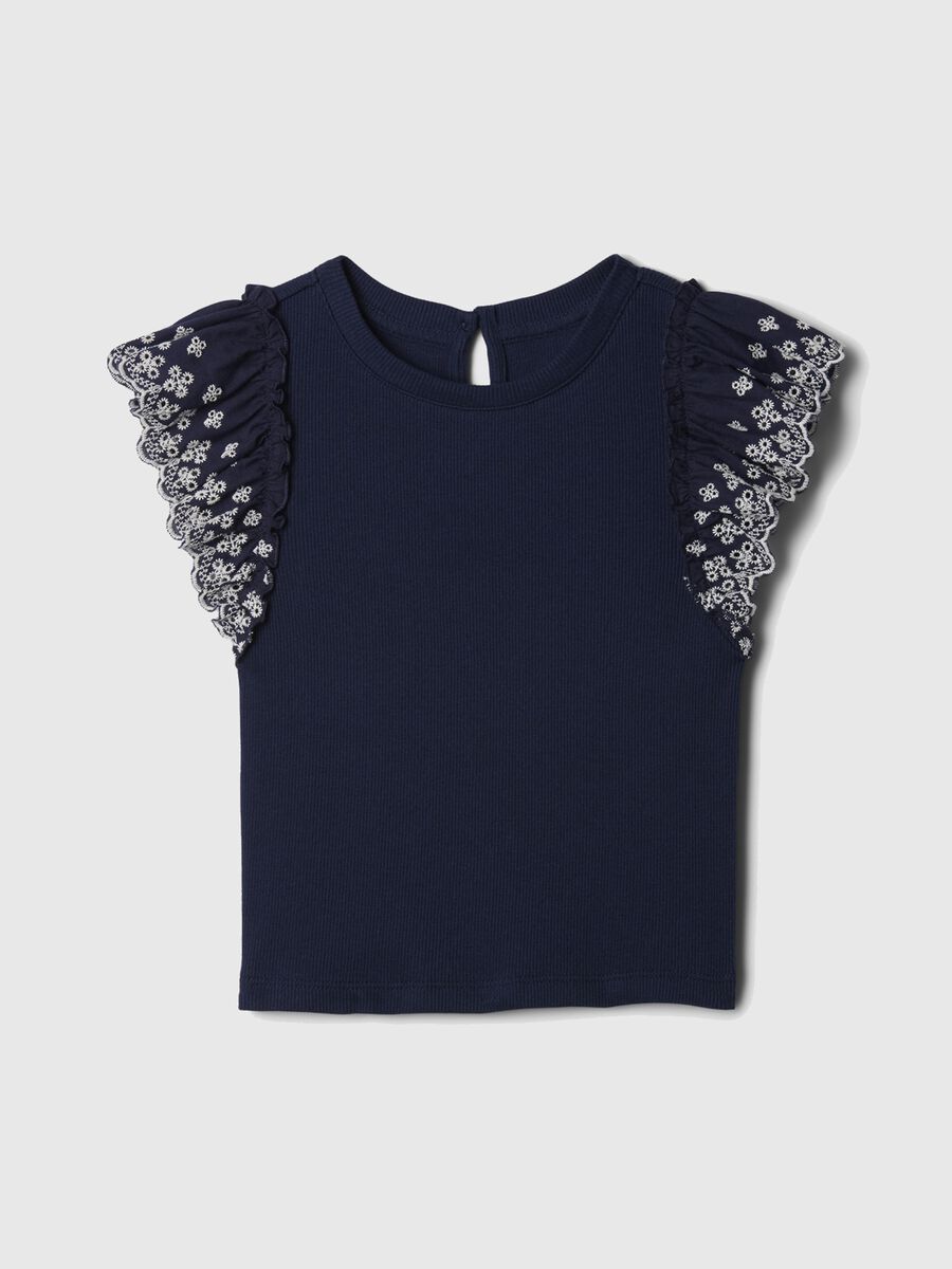 Ribbed T-shirt with flounce in broderie anglaise_0