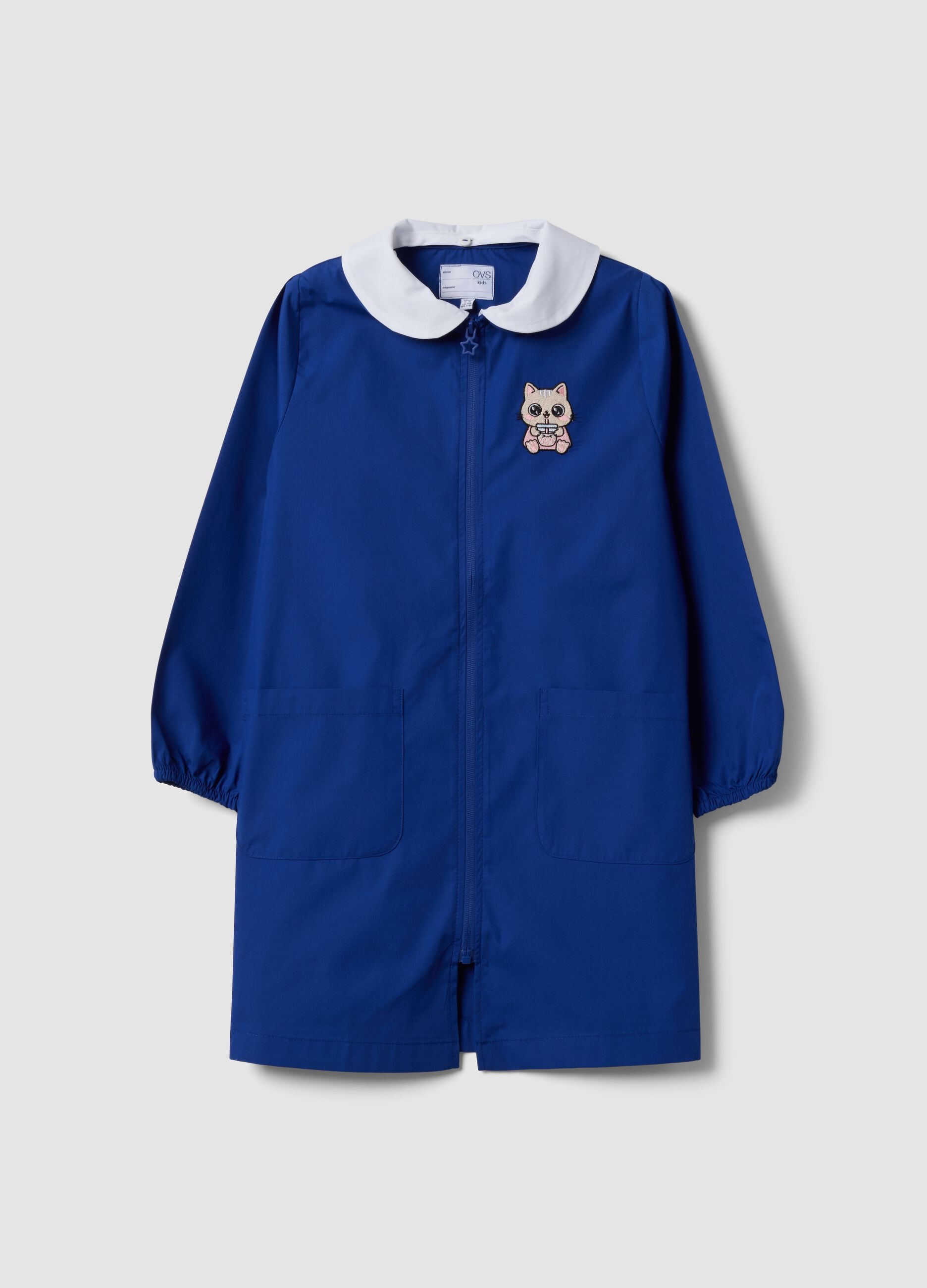 Blue girls&rsquo; school smock with kitten embroidery and classic collar