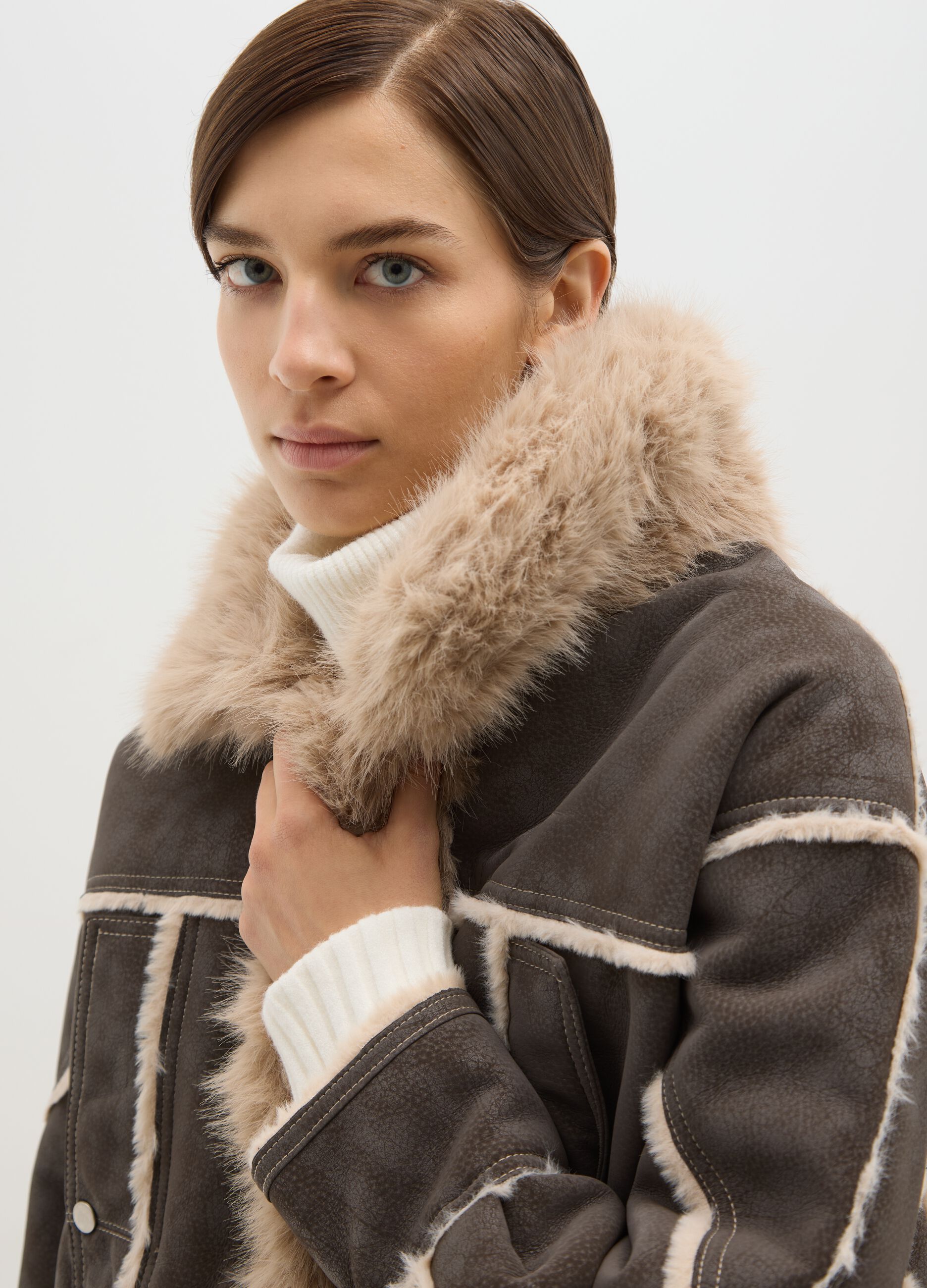 Brown regular fit jacket with shearling effect