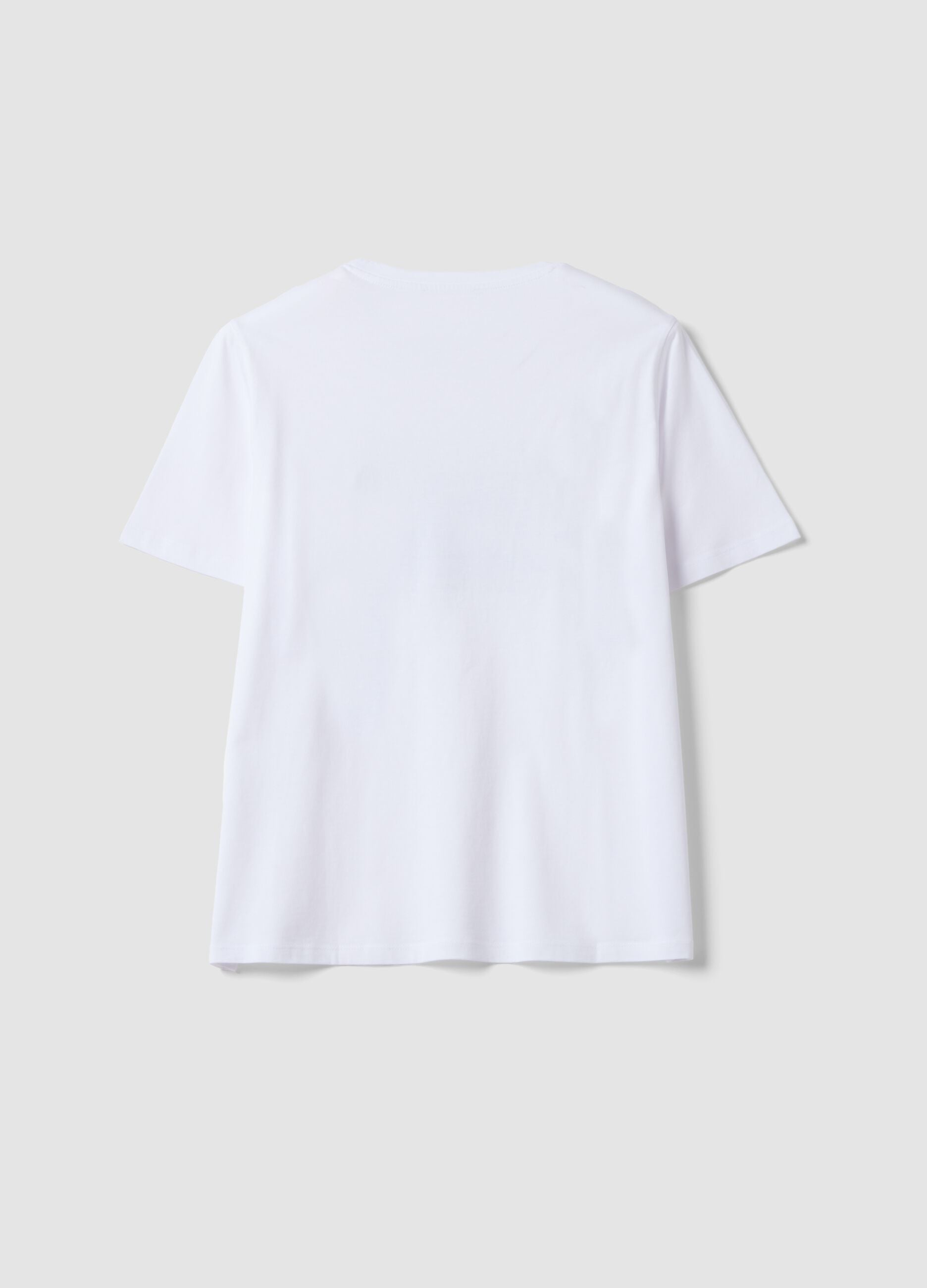White pure cotton crew-neck T-shirt with front print, regular fit