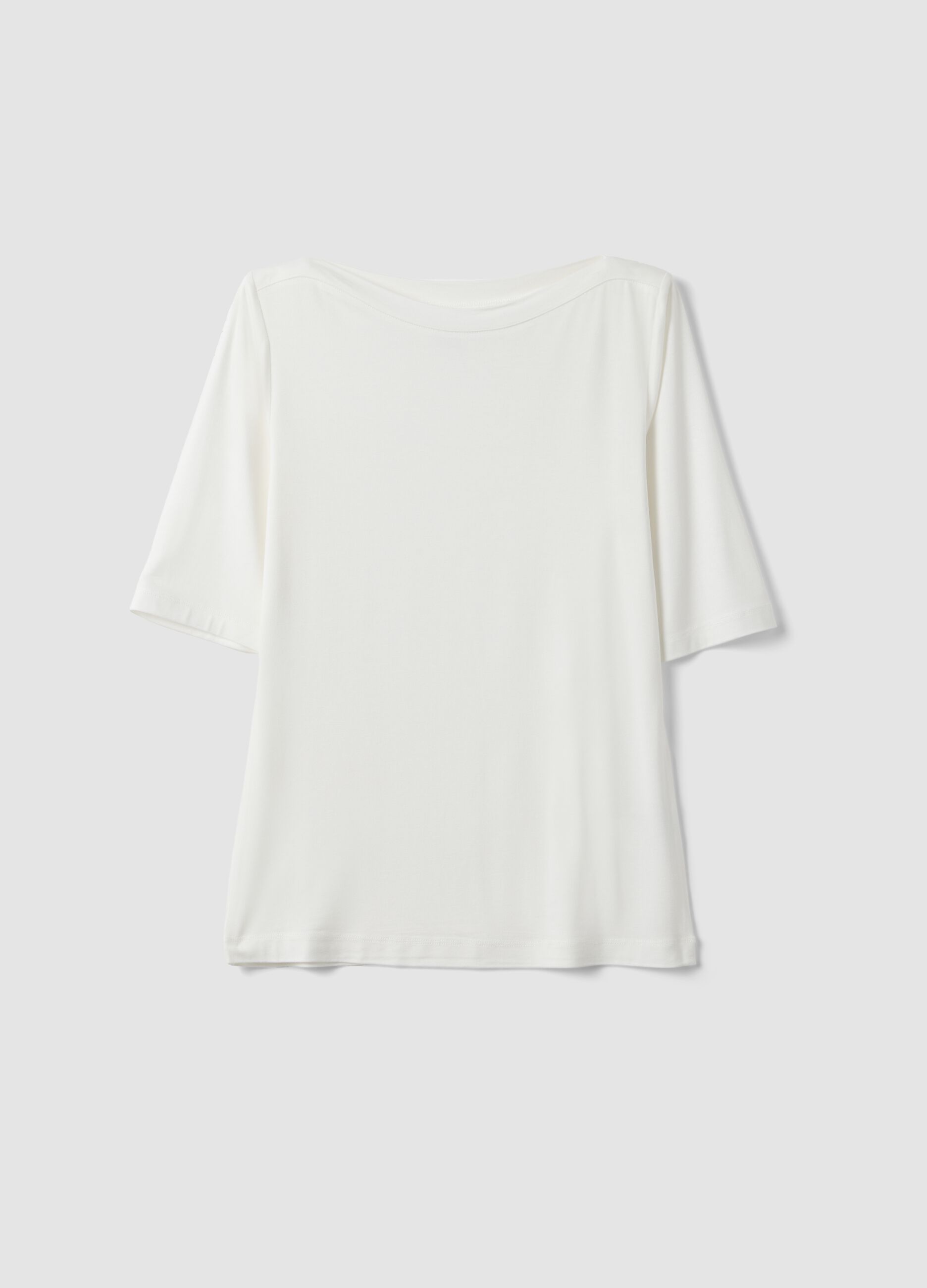 White stretch viscose regular fit boat neck t-shirt