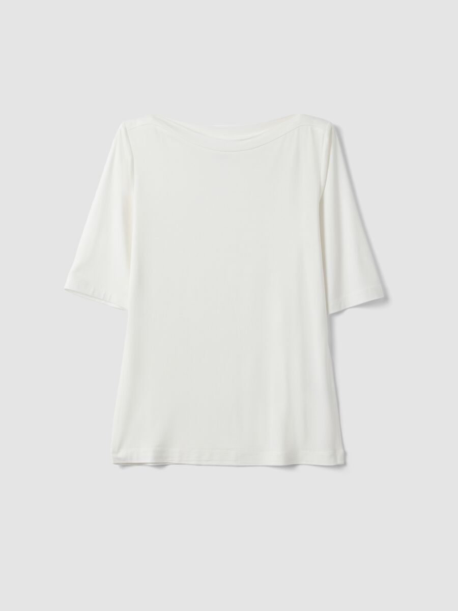 White stretch viscose regular fit boat neck t-shirt_4