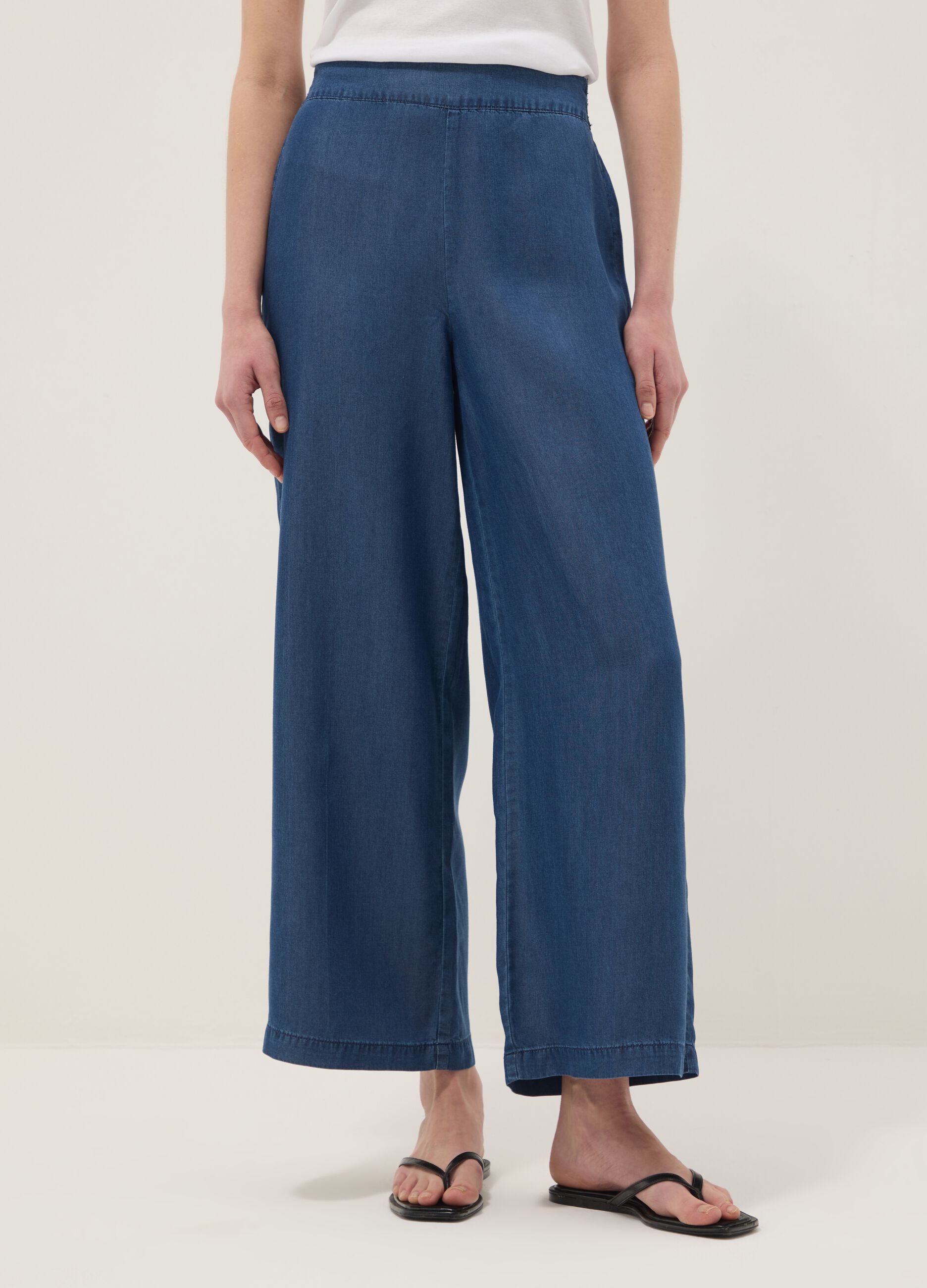Dark blue pure lyocell palazzo trousers with elasticated waist and wide leg