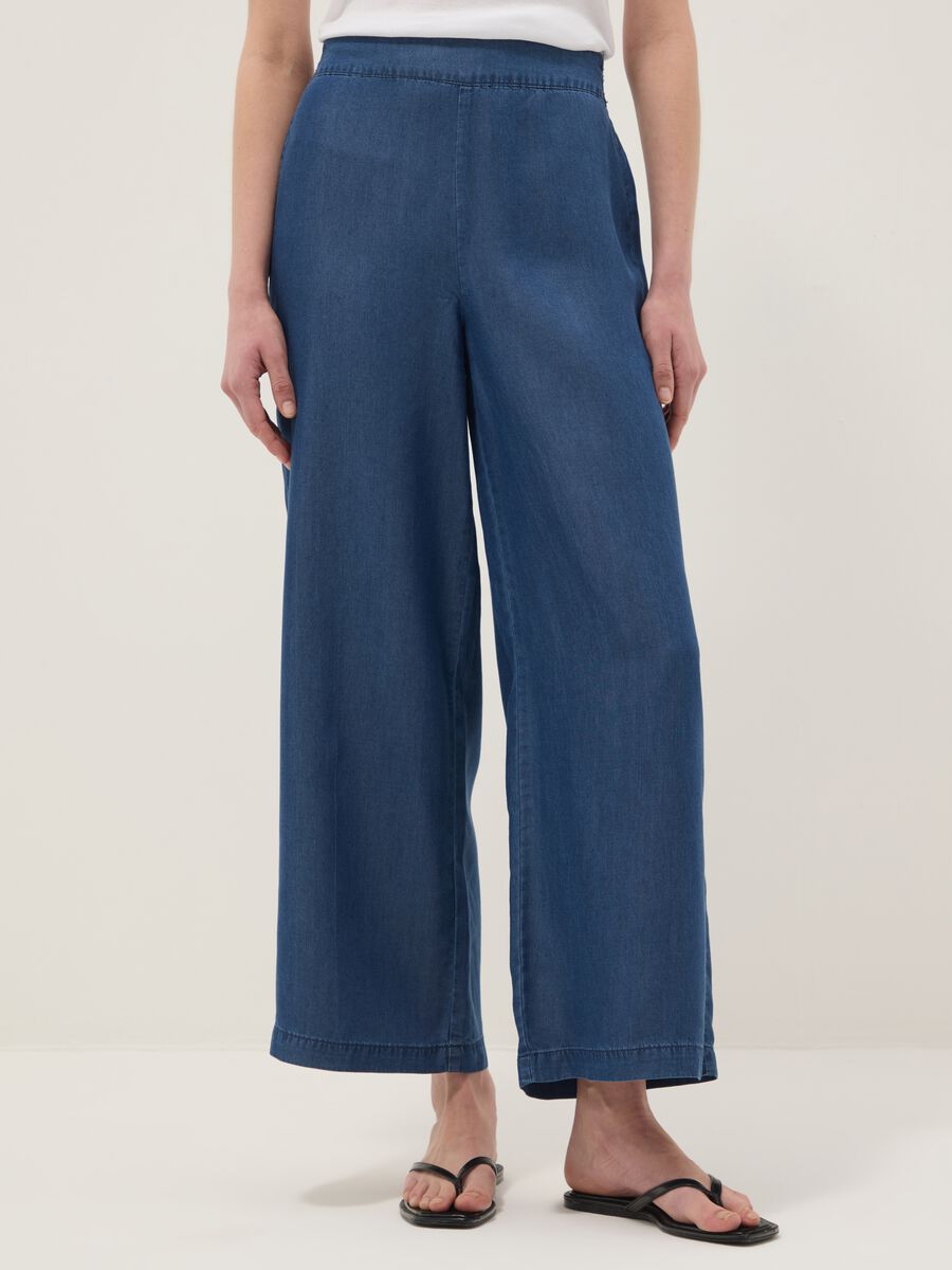 Dark blue pure lyocell palazzo trousers with elasticated waist and wide leg_1