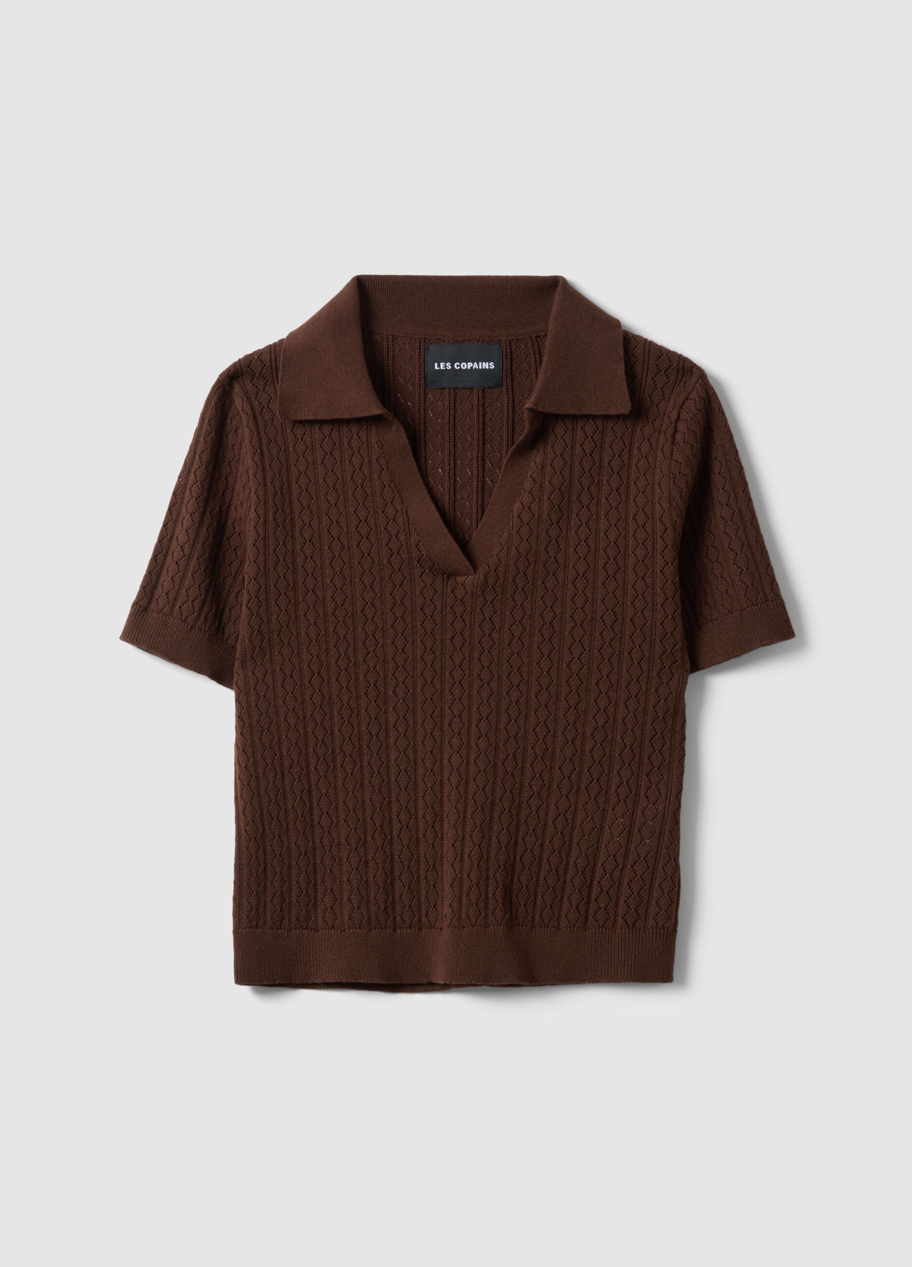 Brown cotton blend regular fit sweater with polo collar