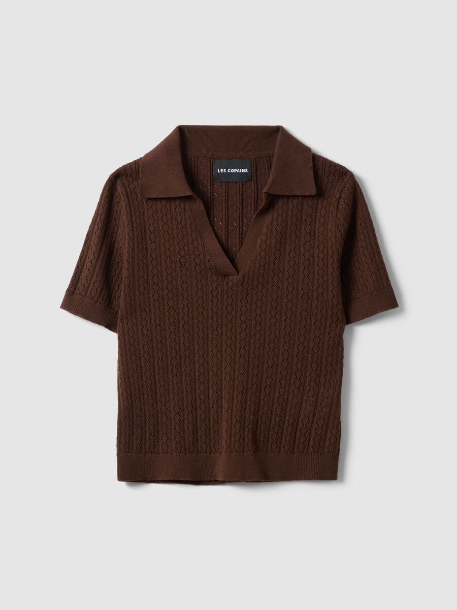 Brown cotton blend regular fit sweater with polo collar_0