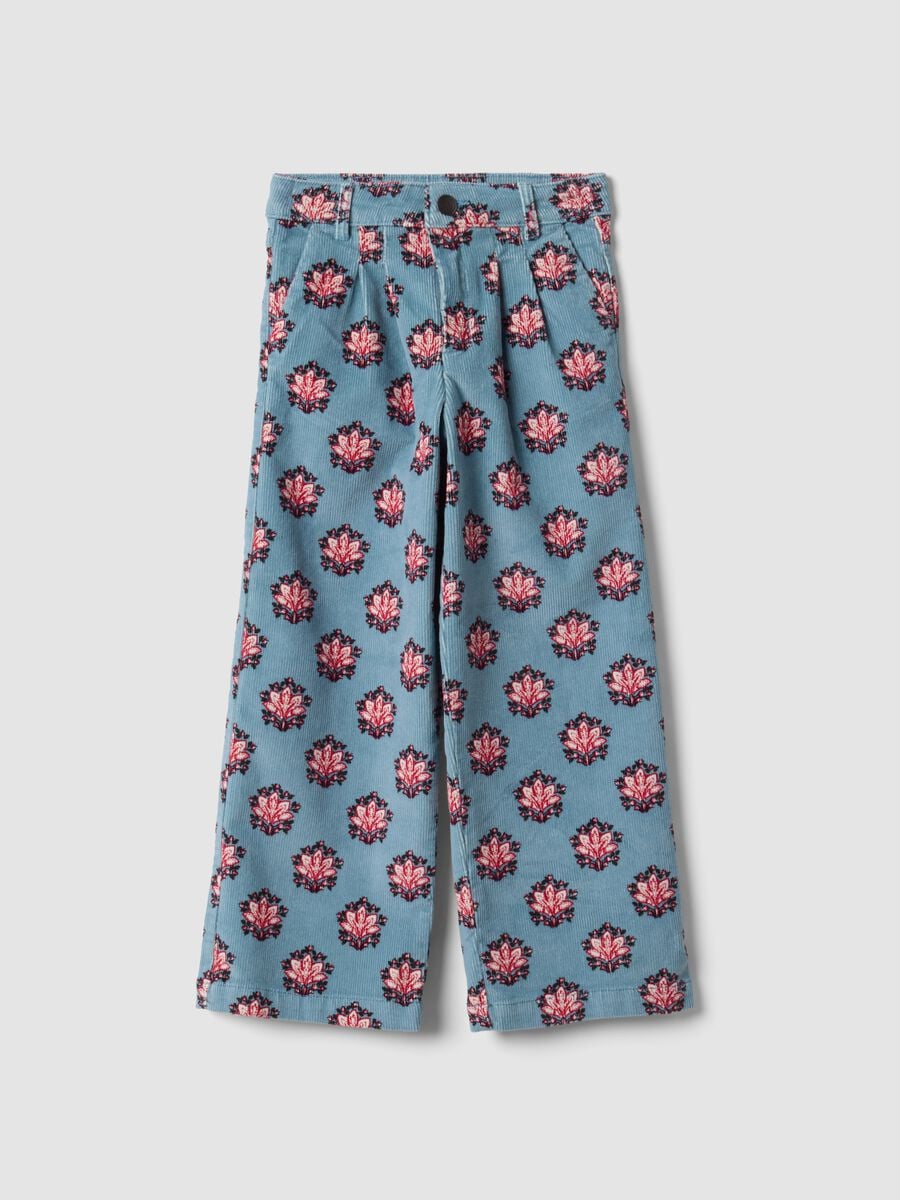 Light Blue Ribbed Stretch Cotton Patterned Trousers_0