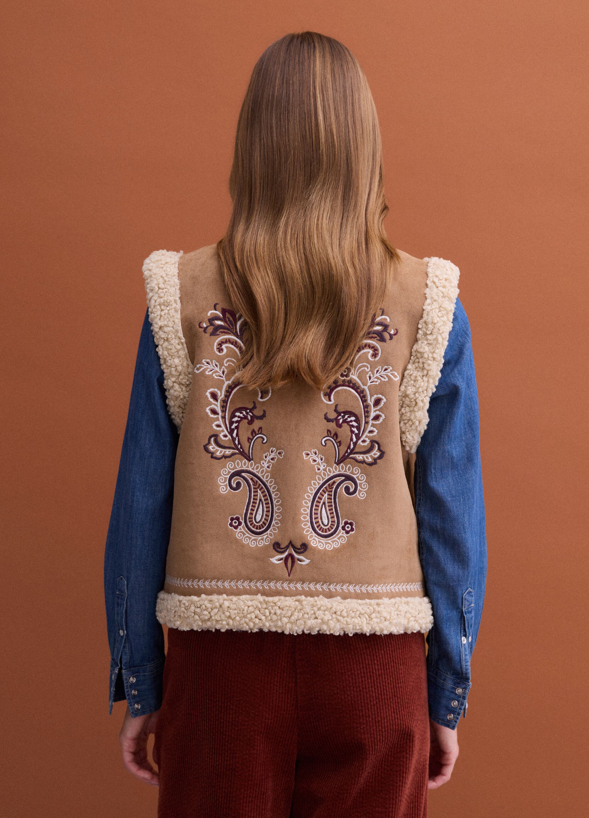 Brown regular-fit gilet with embroidery and contrast shearling-effect trims