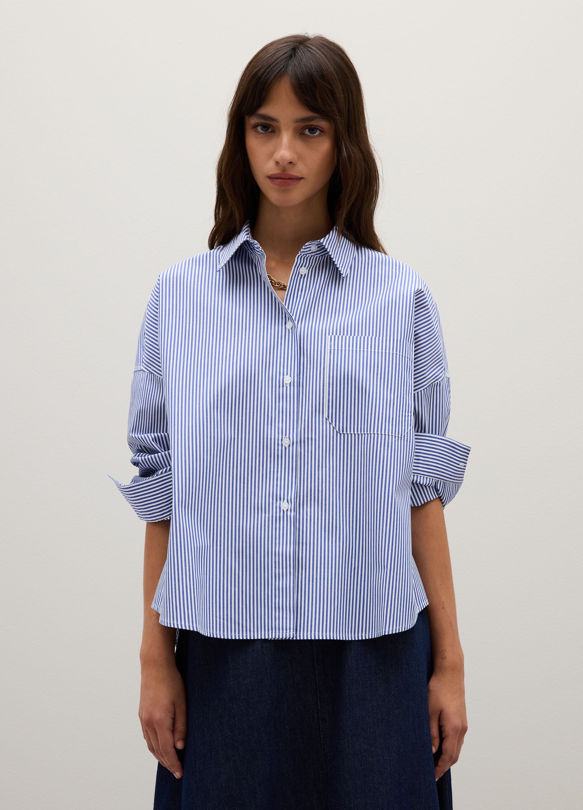 Oversized white and blue striped pure cotton shirt
